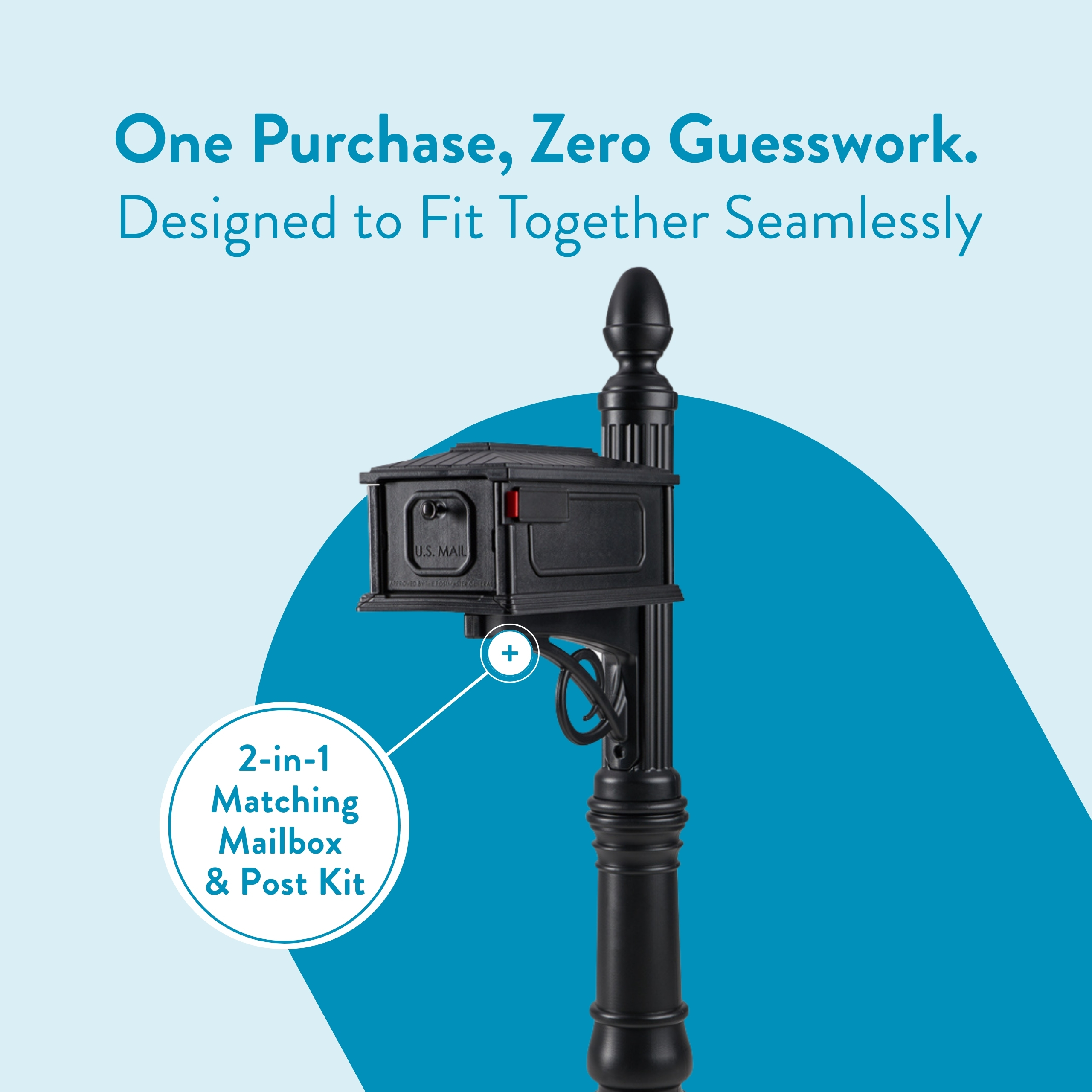 Advertisement showing a 2-in-1 matching mailbox and post kit mounted on a lamp-post with a blue curved backdrop and the slogan 'One Purchase, Zero Guesswork.'