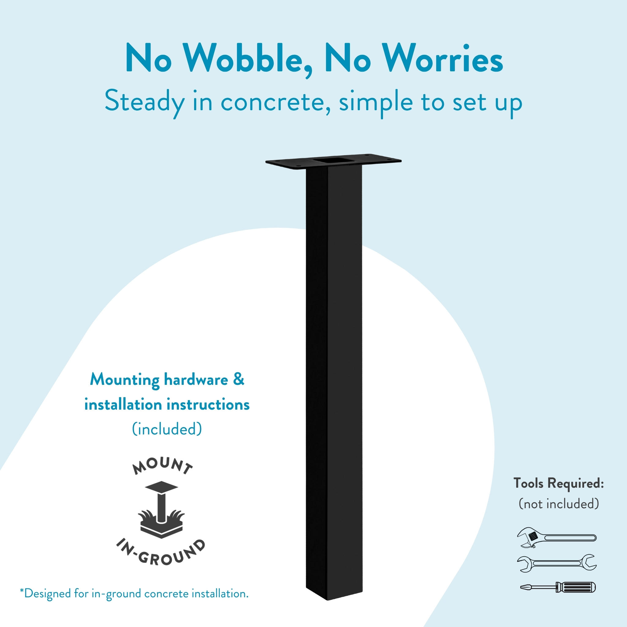 Tall black mounting post with a top plate for in-ground concrete installation; hardware included.