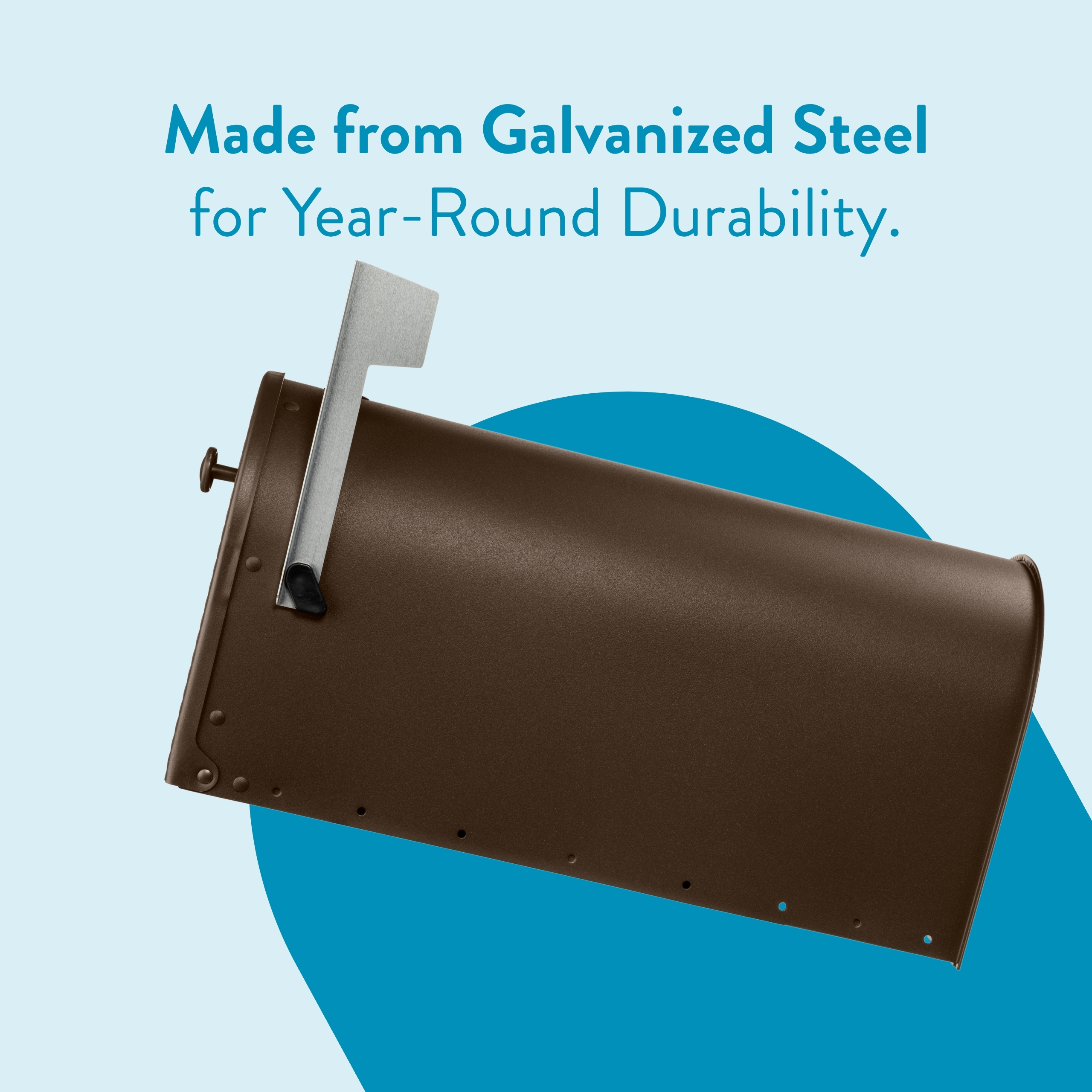 Advertisement-style image showing a brown mailbox forged from galvanized steel with a blue arc background and the headline 'Made from Galvanized Steel for Year-Round Durability.'—conveys product durability message.