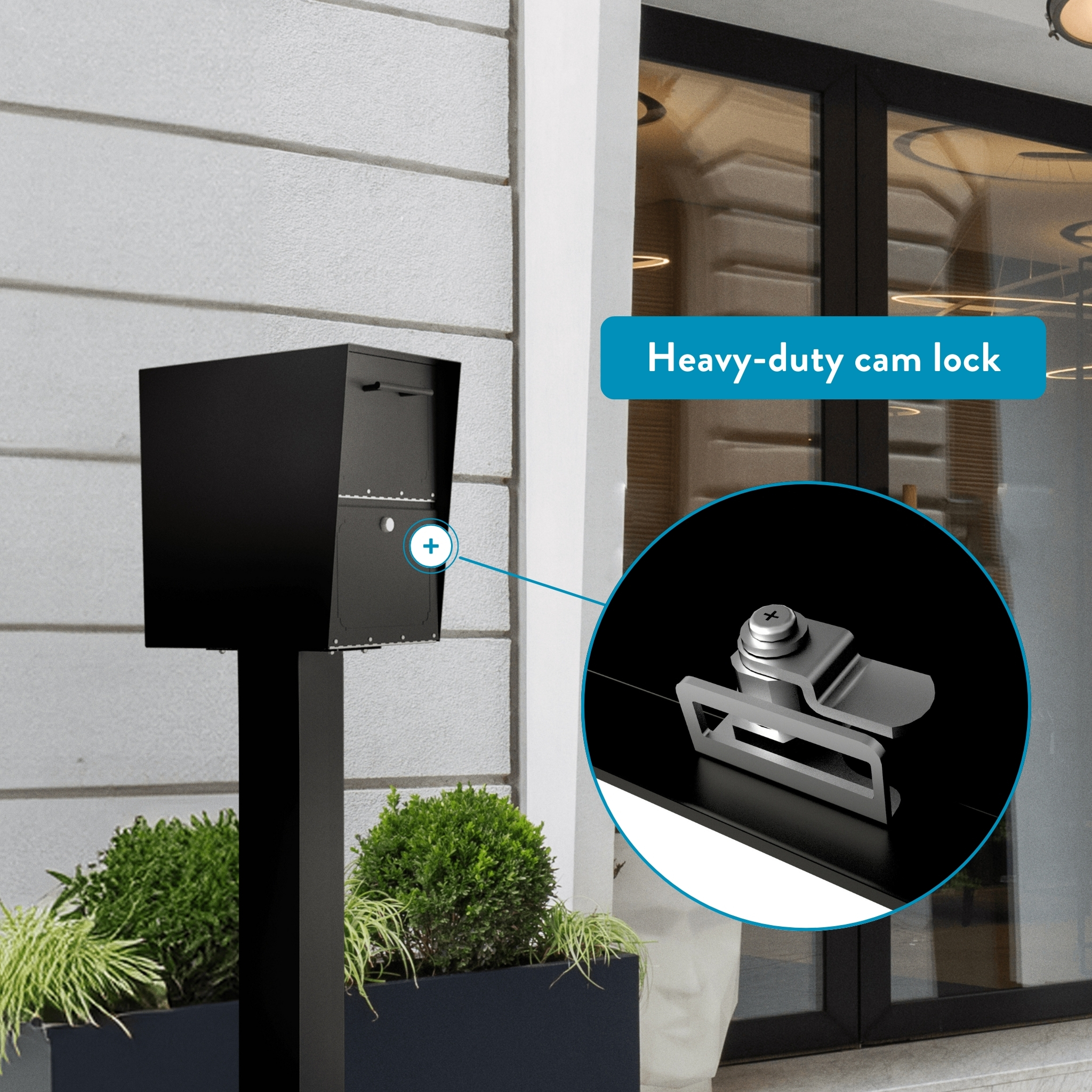 Black curbside mailbox on a post with a close-up of a heavy-duty cam lock shown in a circular inset.