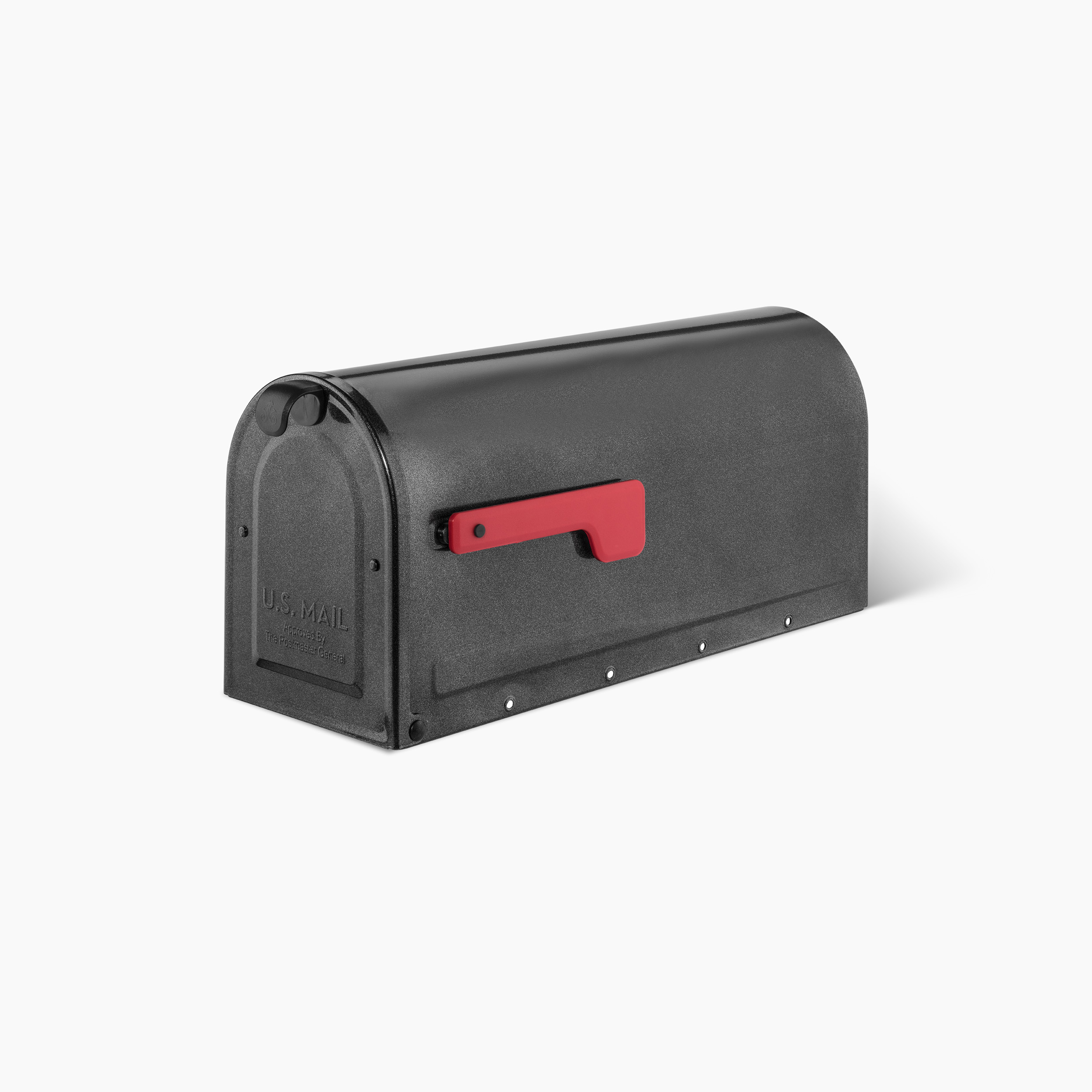 Black metal curbside mailbox with a red side flag attached to the right side.
