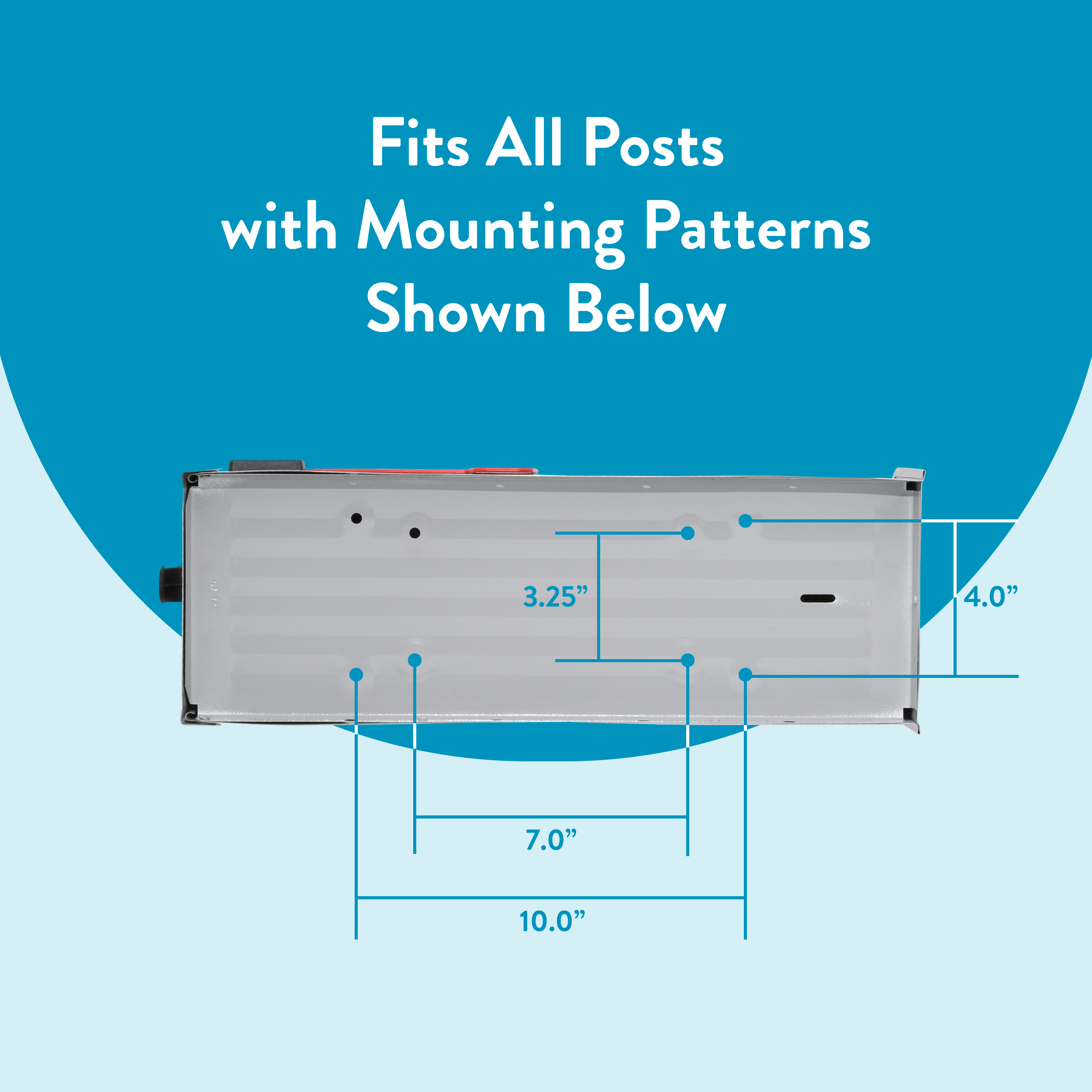 Infographic of a metal mounting plate with blue dimension lines: overall width 10 in, inner width 7 in, vertical 3.25 in, and offset 4 in, with text 'Fits All Posts with Mounting Patterns Shown Below'