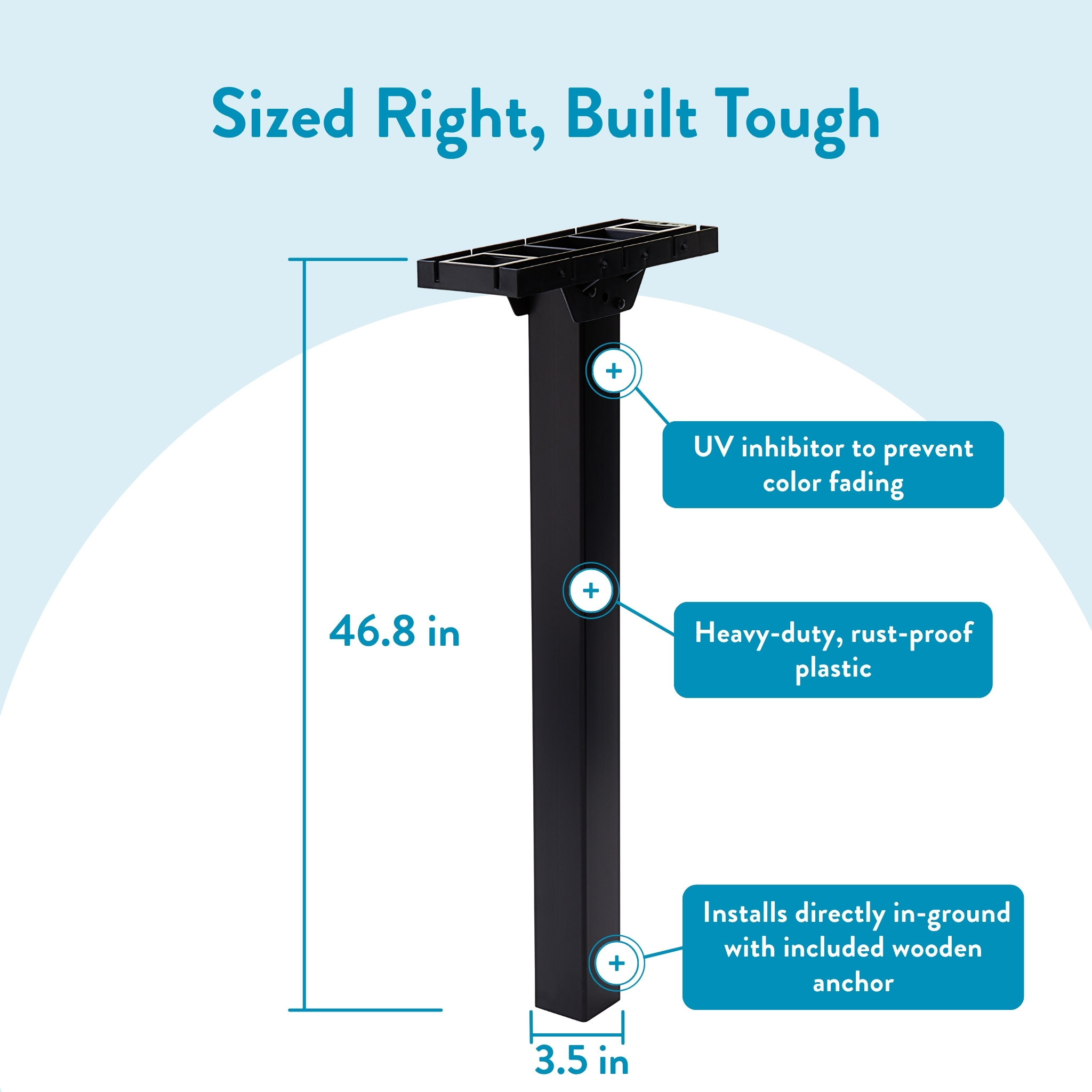 Outdoor black mounting post infographic showing 46.8 in height and 3.5 in width, highlighting UV inhibitor, rust-proof plastic, and in-ground wooden anchor.