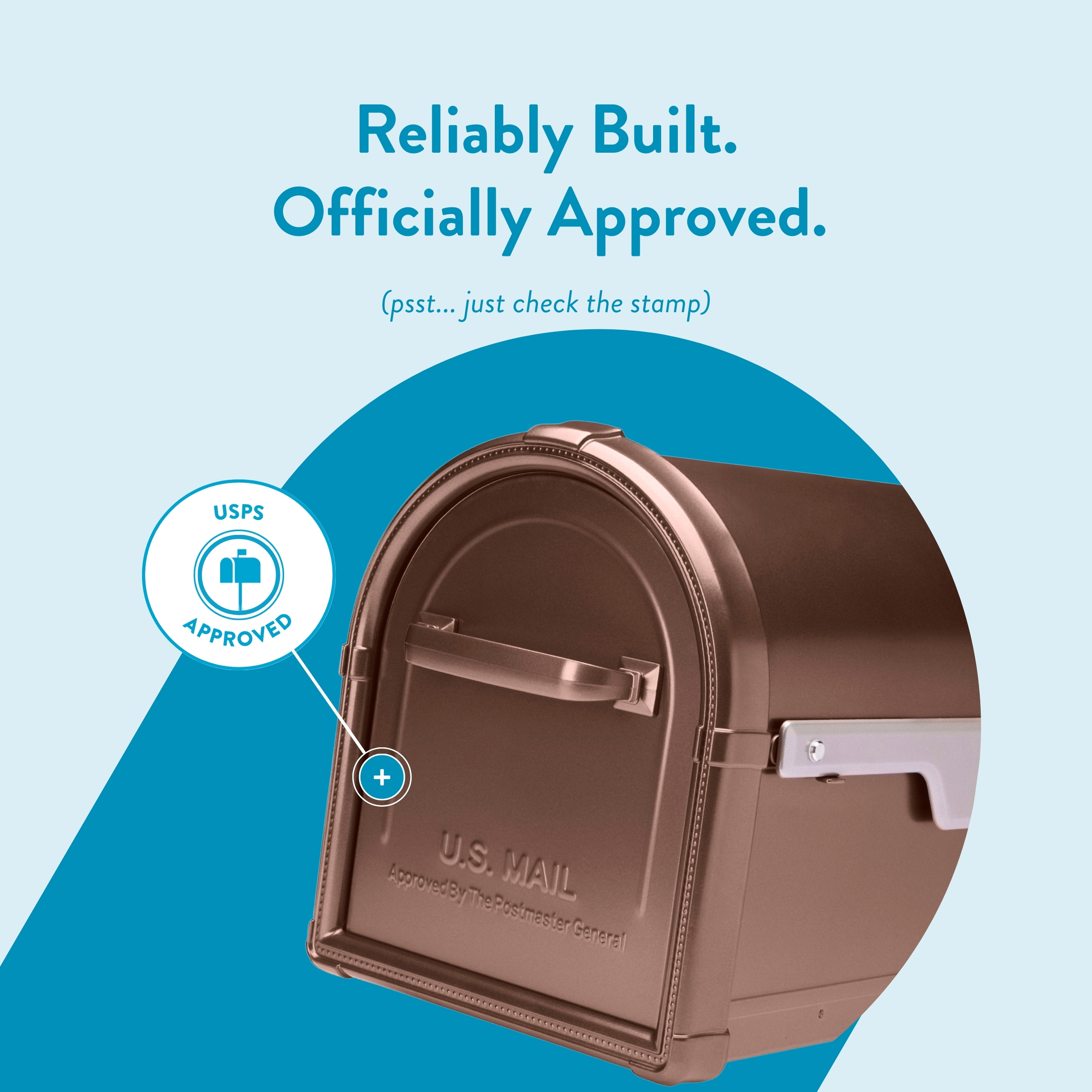 Poster showing a brown U.S. mailbox with a USPS Approved stamp and the headline 'Reliably Built. Officially Approved.'