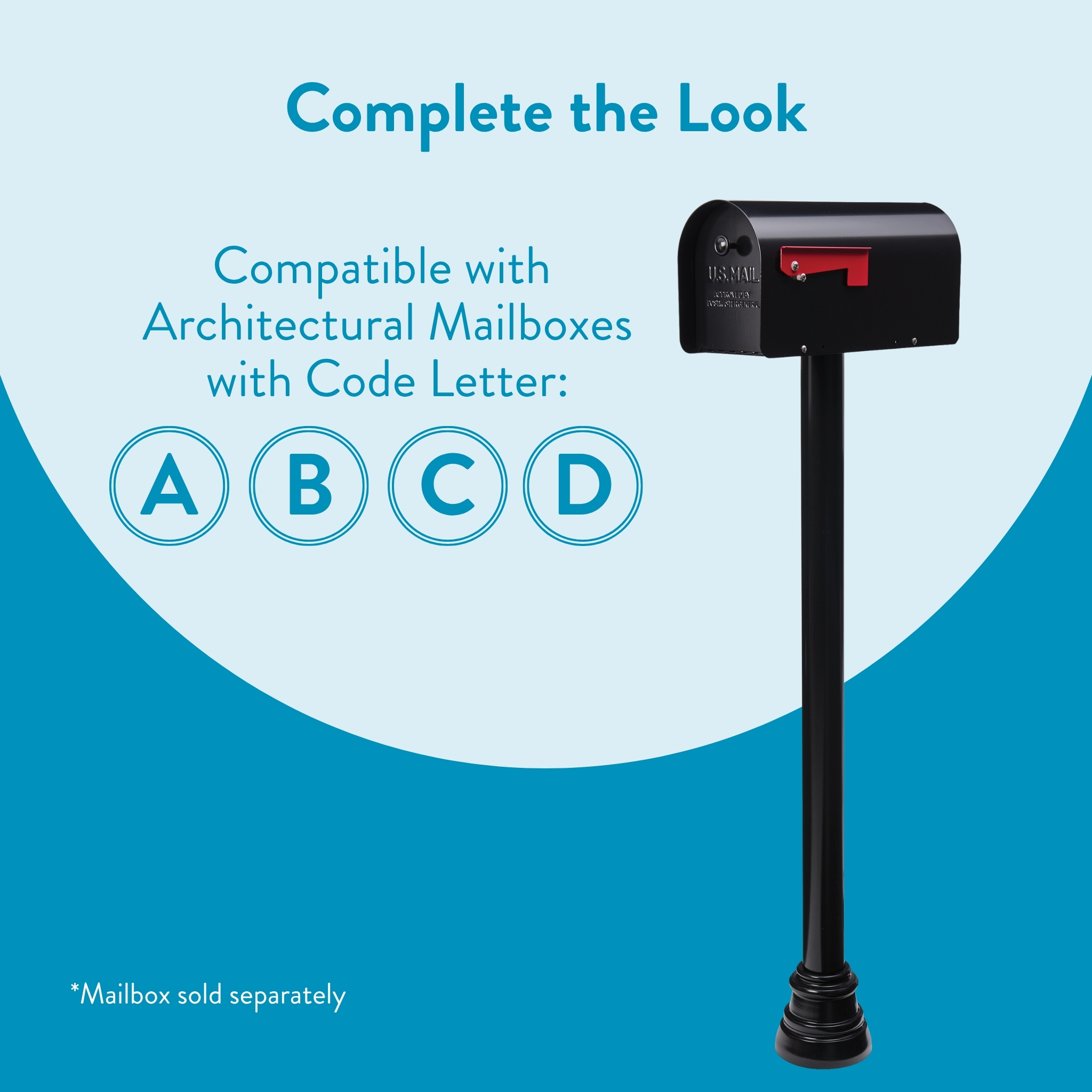 Promo graphic: black mailbox on a post with a light blue background and circled A, B, C, D; reads 'Complete the Look'.