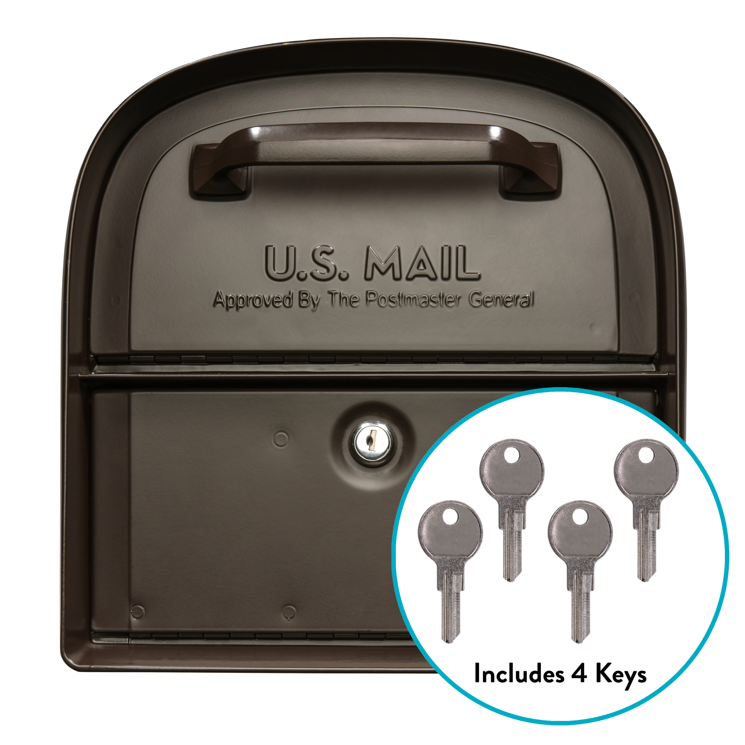 U.S. Mail mailbox with a lock and a badge showing four keys labeled 'Includes 4 Keys.'