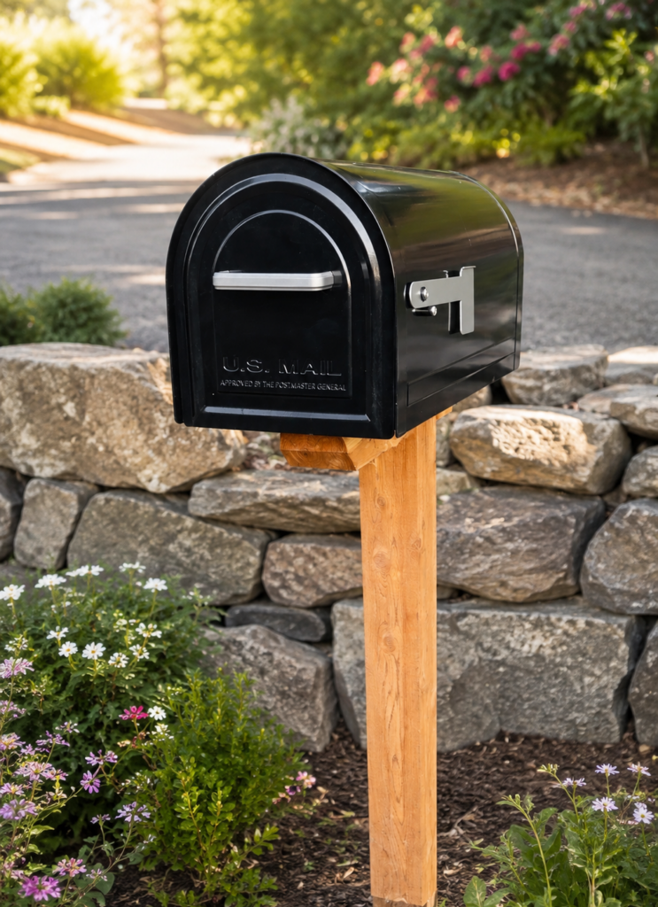 Black metal U.S. Mail mailbox on a wooden post in a garden yard, with a stone wall and flowering plants in the foregrounds.