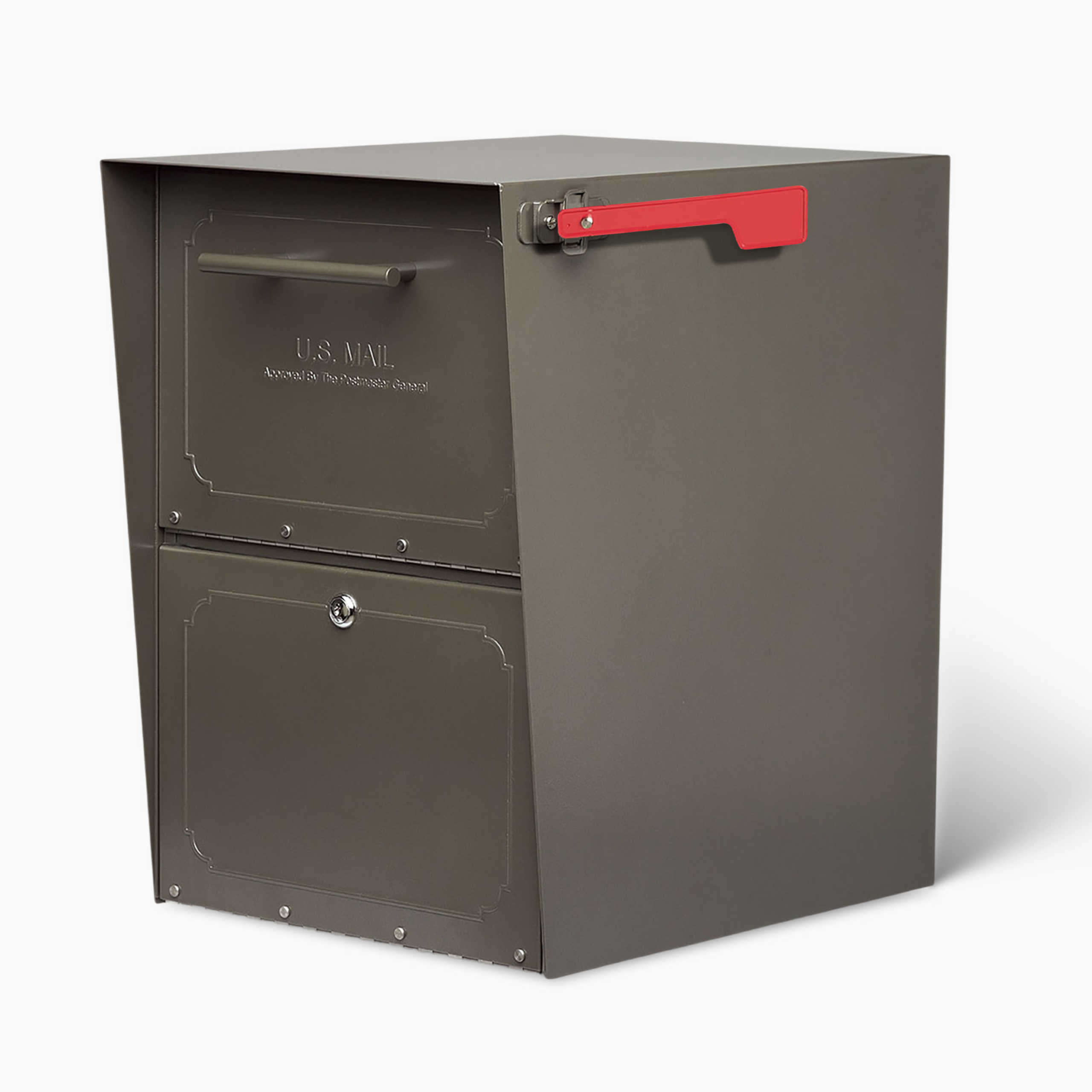 Gray metal U.S. Mail cabinet with two compartments and a red latch on the top door, shown at an angle.