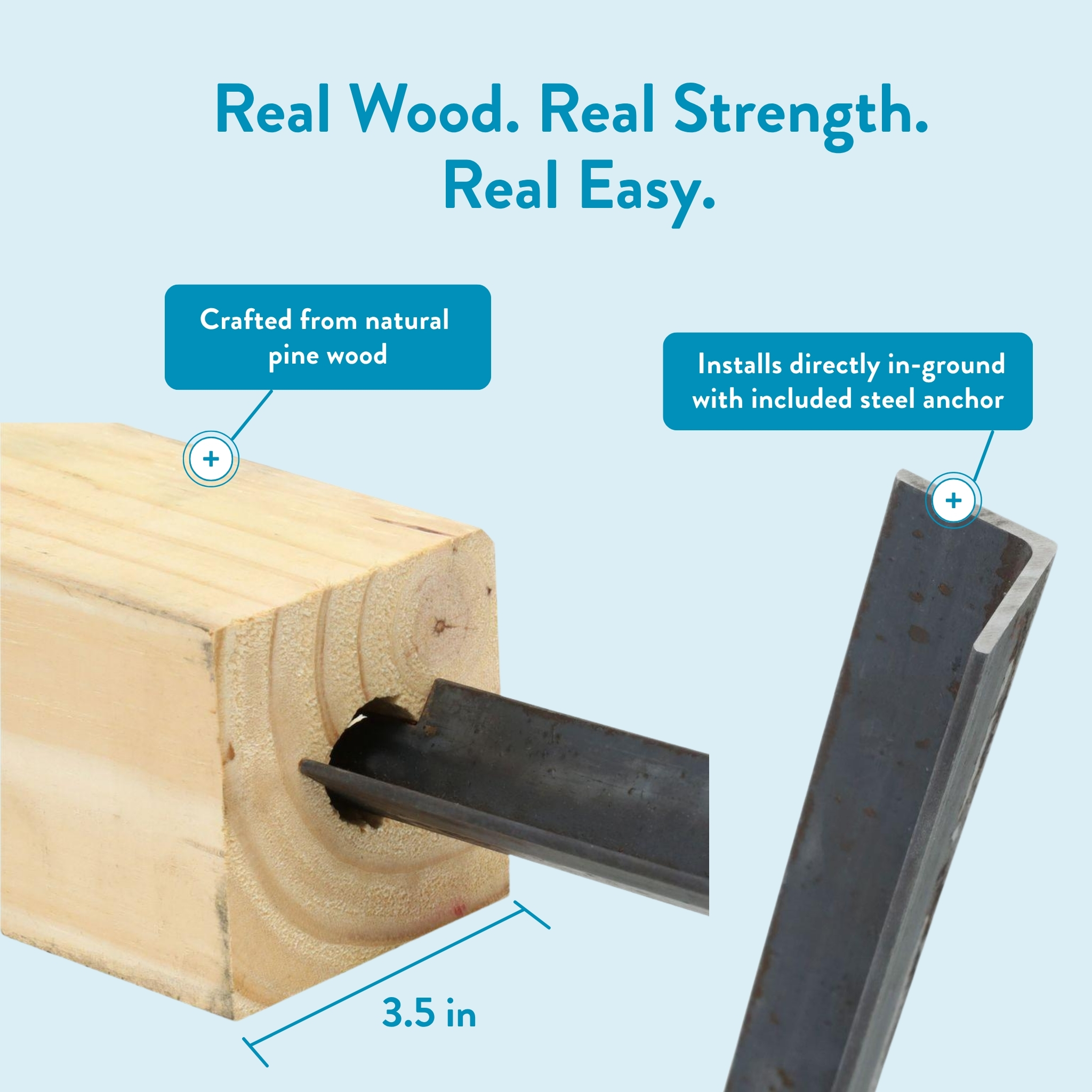 Pine wood block with a metal stake inserted, showing the labels 'Crafted from natural pine wood' and 'Installs directly in-ground with included steel anchor' with a 3.5 in width marker.