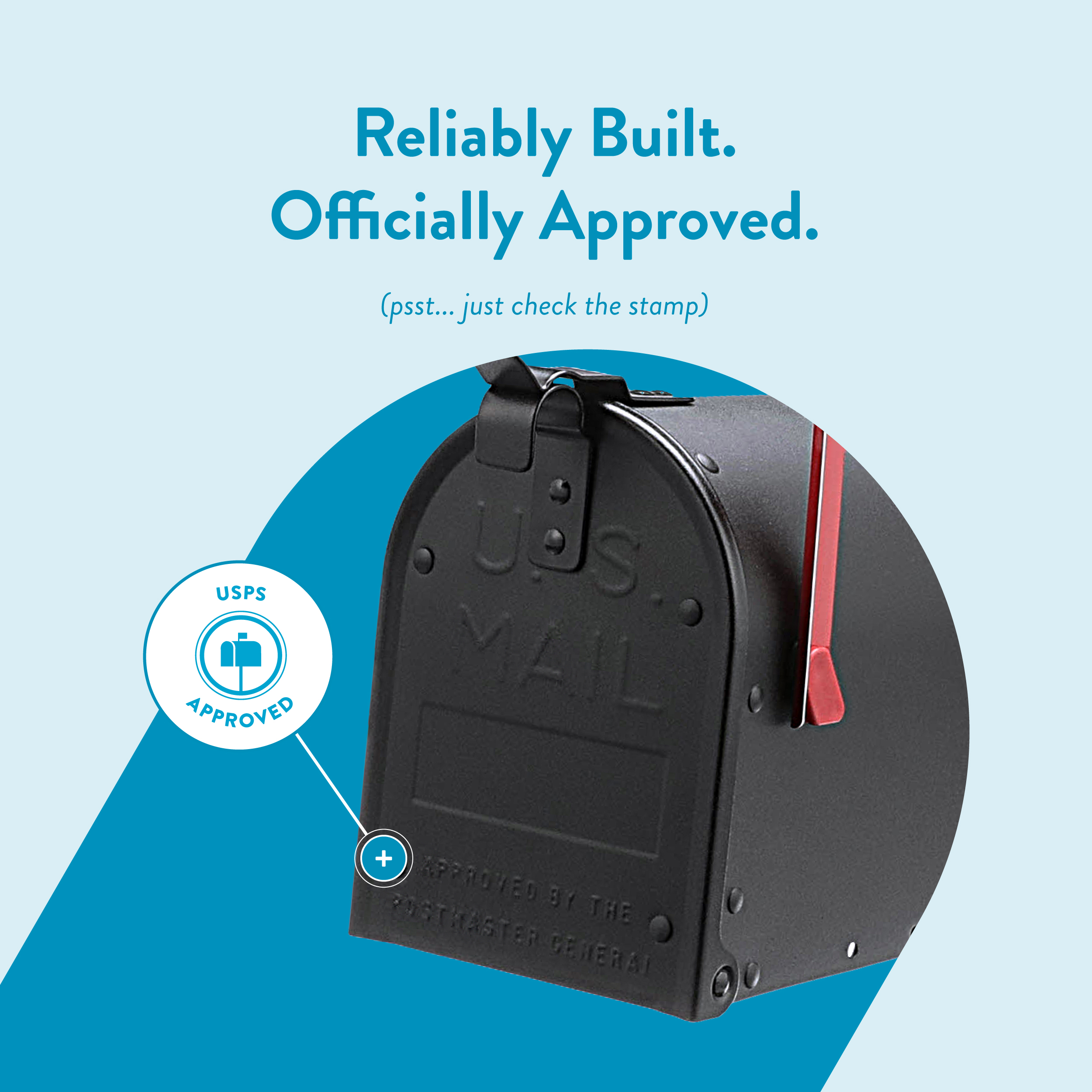 Poster-style image announcing a reliably built, officially approved product with a visible USPS Approved stamp and a black mailer device. The message says: 'Reliably Built. Officially Approved.' and notes to check the stamp.