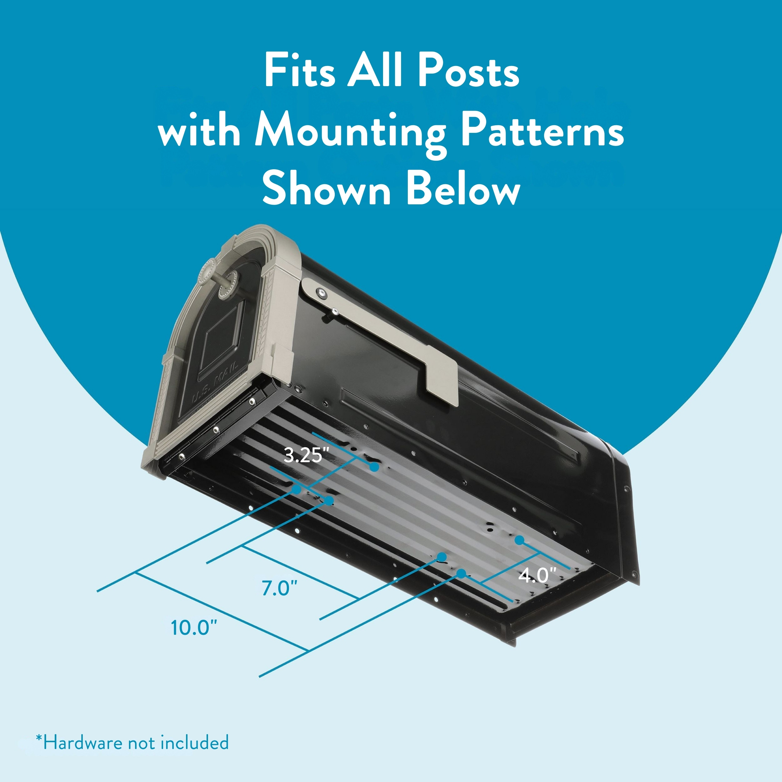 Black mailbox with blue measurement lines showing mounting hole spacing: 3.25", 4.0", 7.0" and 10.0" on a blue background; note hardware not included.
