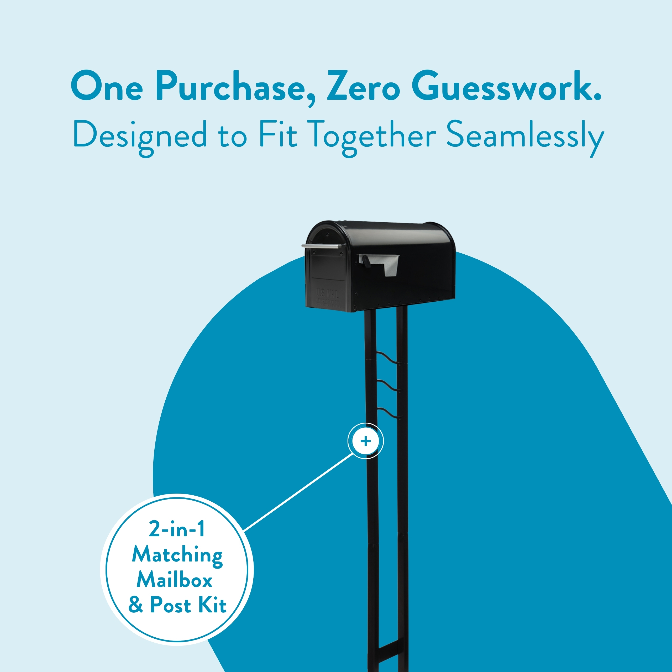 Promotional image for a mailbox and post kit: a black mailbox on a post against a blue curved backdrop, with the headline 'One Purchase, Zero Guesswork. Designed to Fit Together Seamlessly' and a circular badge reading '2-in-1 Matching Mailbox & Post Kit'.