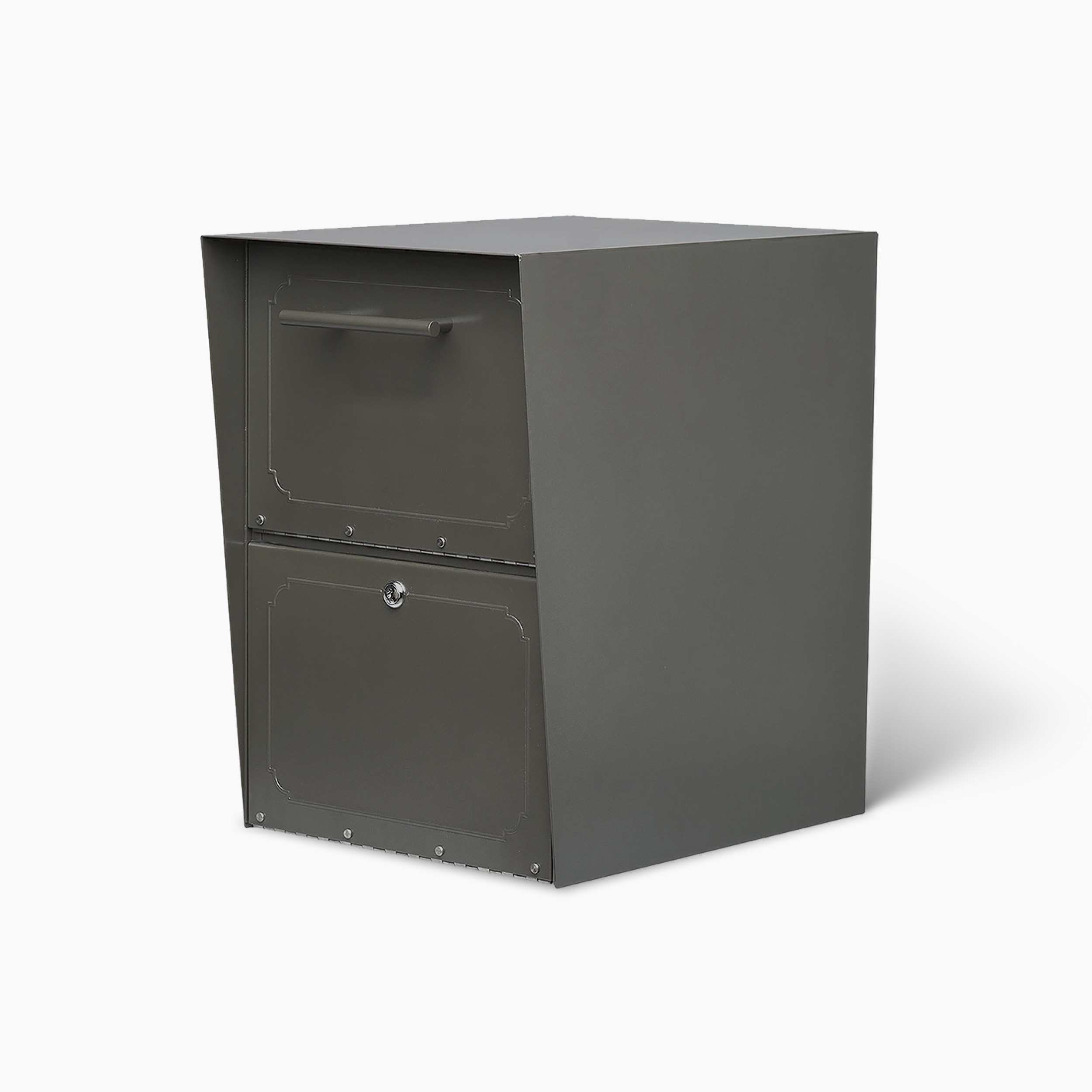 Dark gray metal storage cabinet with two hinged doors, top door having a horizontal handle and bottom door with a key lock