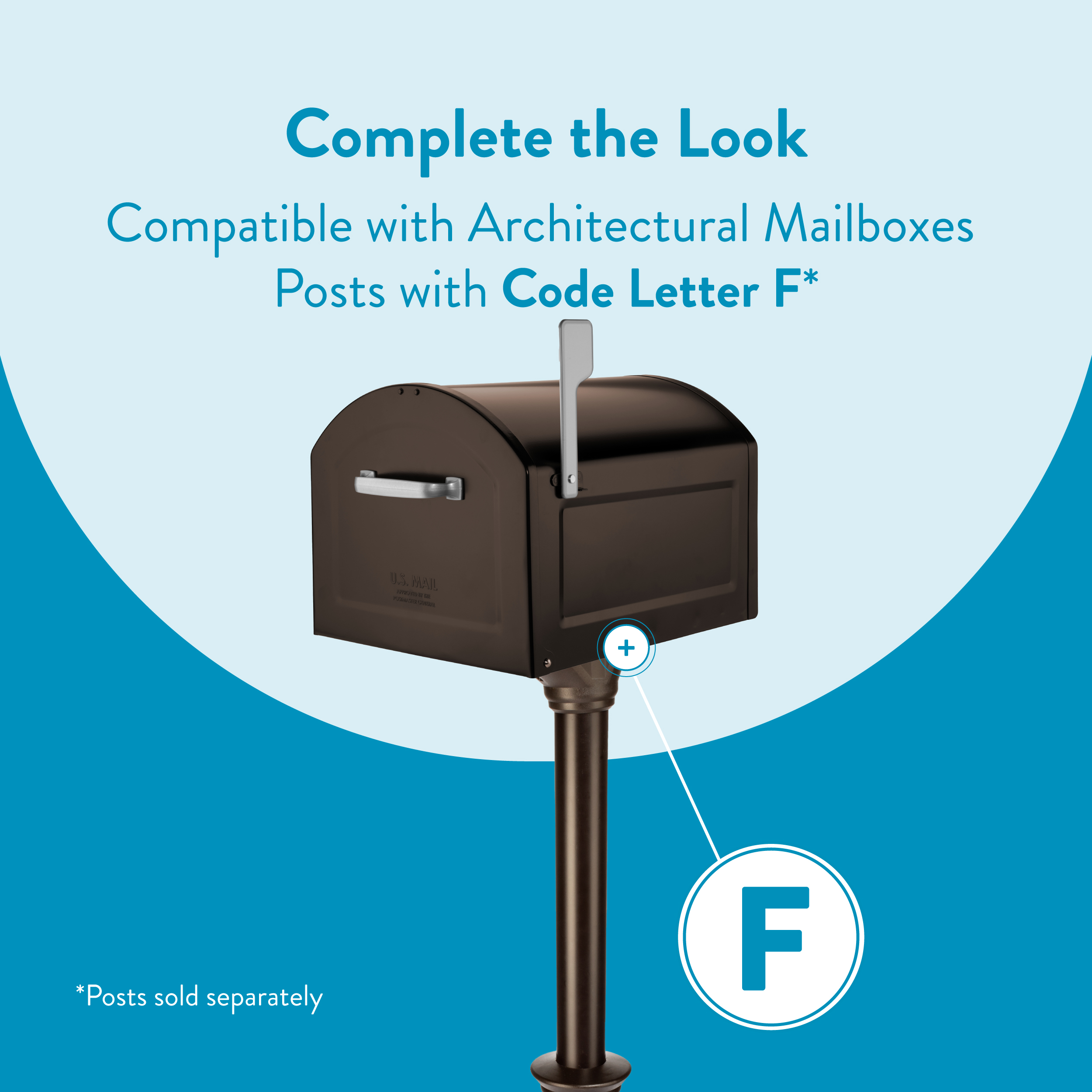 Brown mailbox mounted on a post with a large 'F' code indicator, showing compatibility with Architectural Mailboxes posts (Code F).
