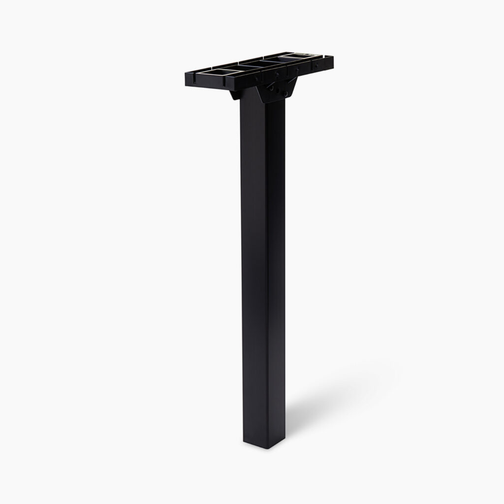 Black metal stand leg with a square, slotted top plate used to support a tabletop or equipment rack, shown on a white background.