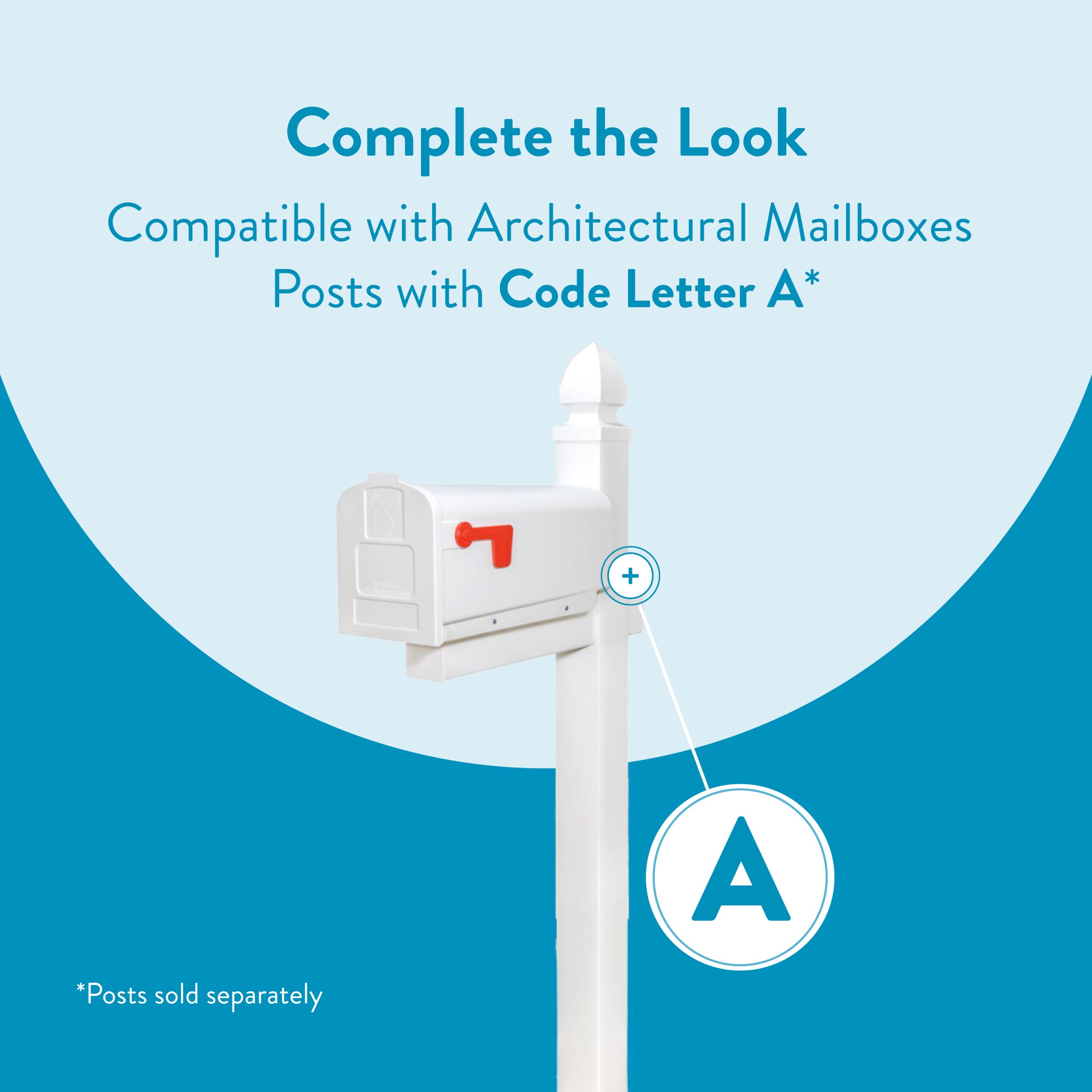 Promotional graphic for architectural mailboxes showing a white mailbox on a post with a code A post, against a light blue background and curved darker blue shapes.