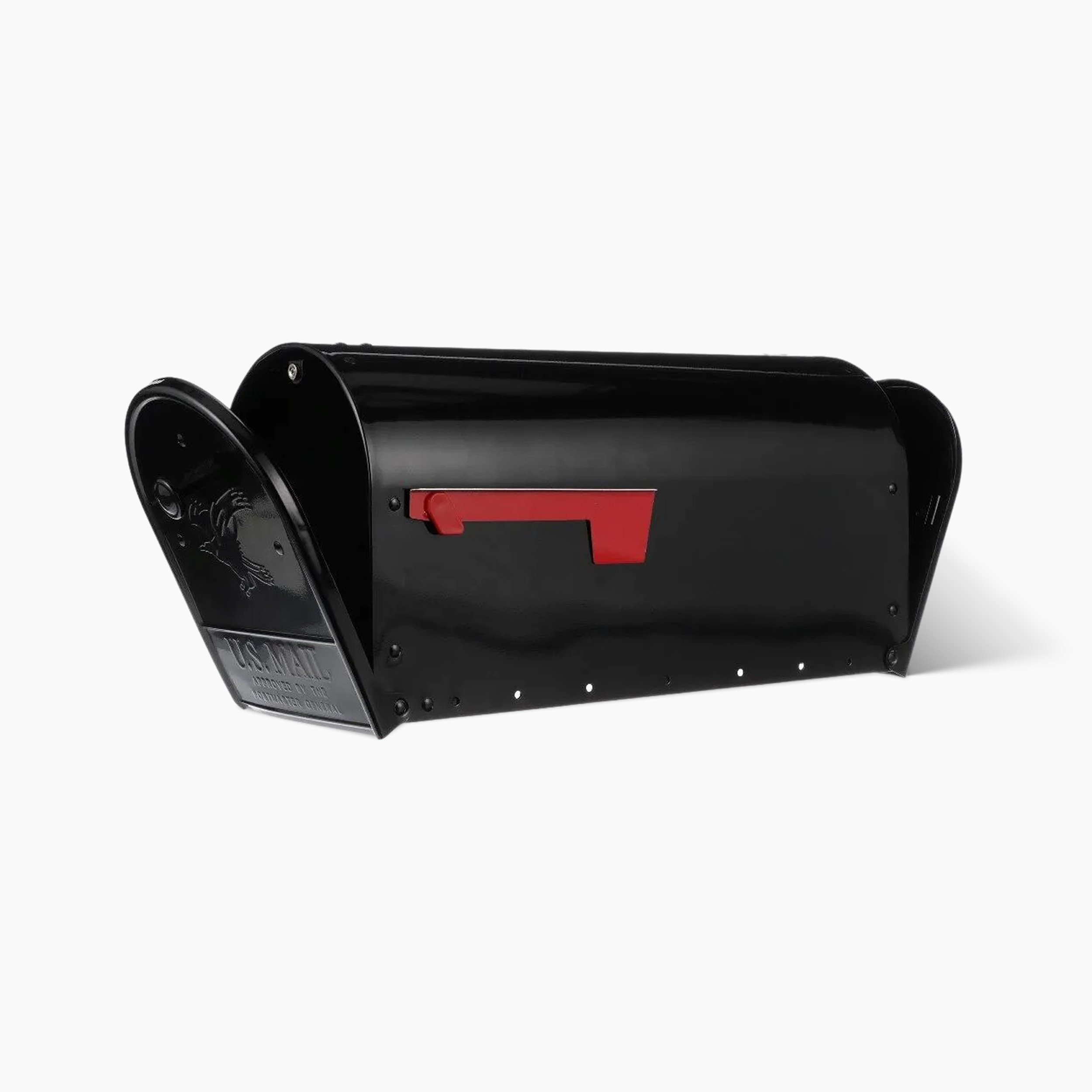 Black metal curbside mailbox with a red delivery flag raised, photographed against a white background