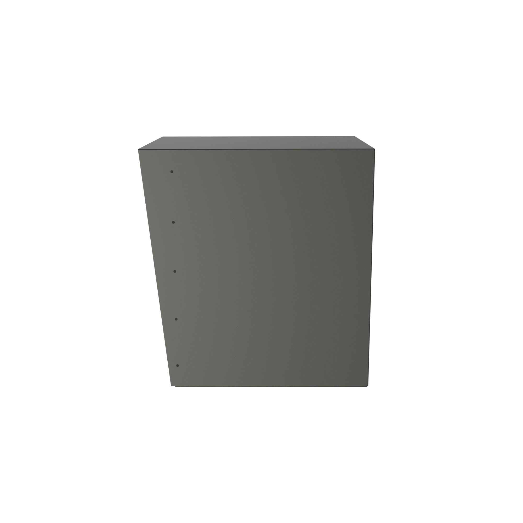Tall dark gray storage cabinet seen from front-left with four small circular holes along its left edge