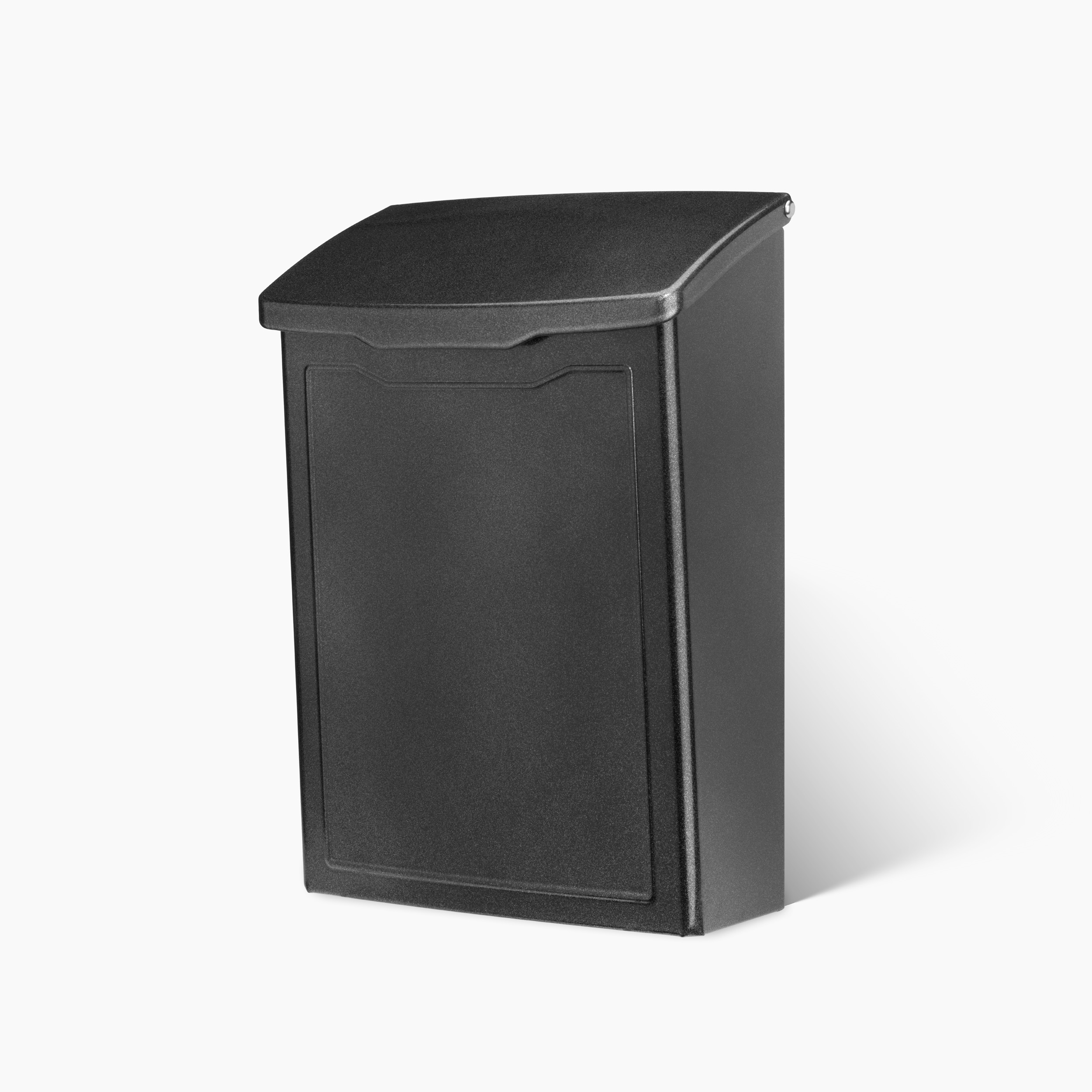Black metal trash can with a curved lid standing on a white background