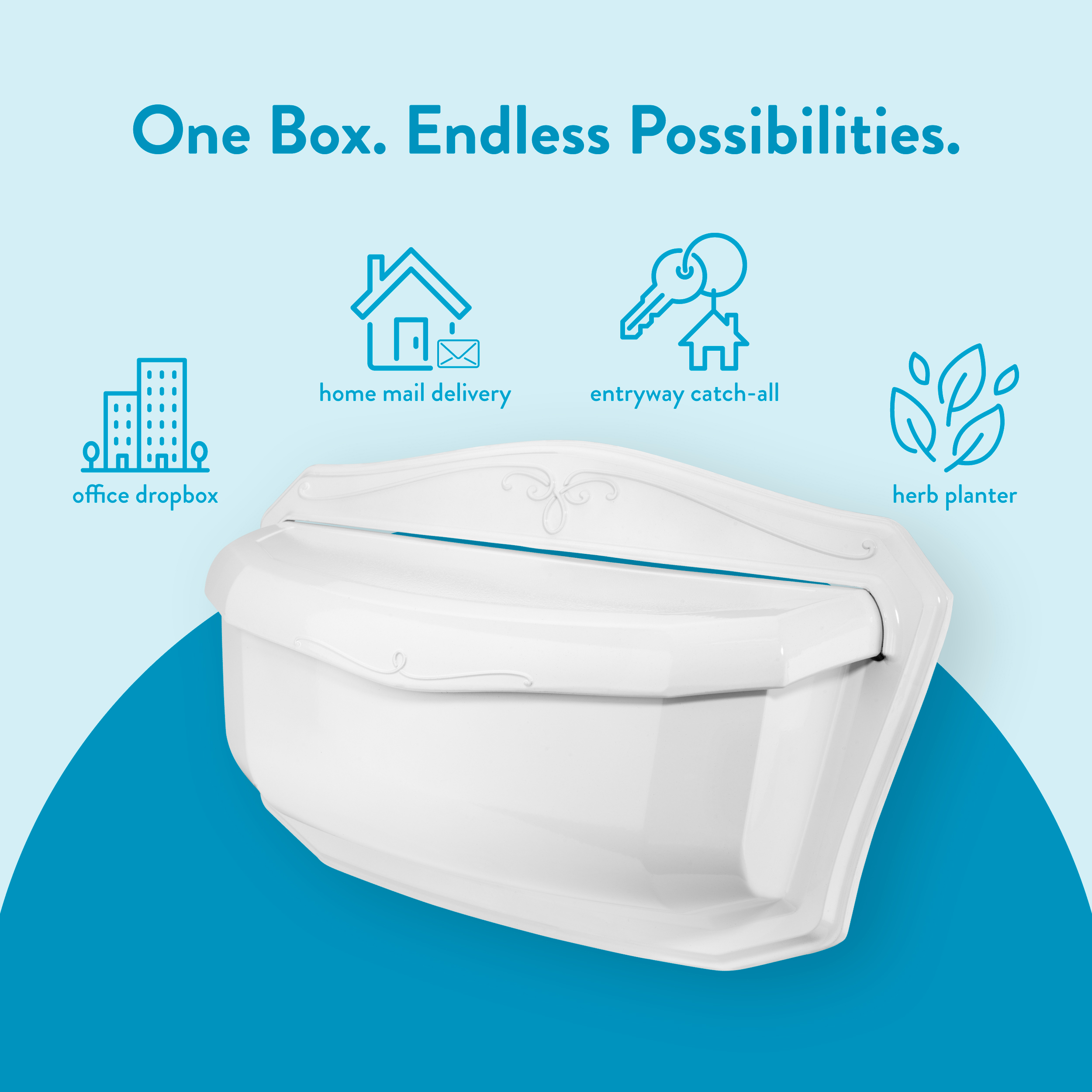 White storage box with decorative lid on a light blue background, suggesting uses as an office dropbox, home mail delivery, entryway catch-all, and herb planter.
