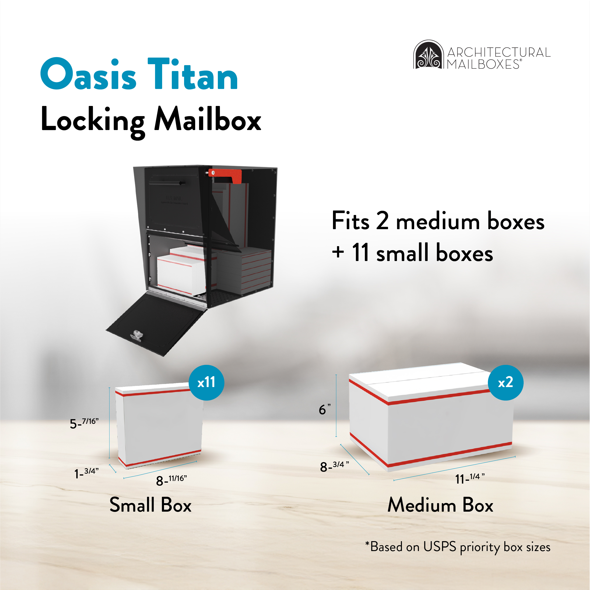 Infographic of the Oasis Titan locking mailbox showing capacity: fits 2 medium boxes and 11 small boxes; dimensions labeled.