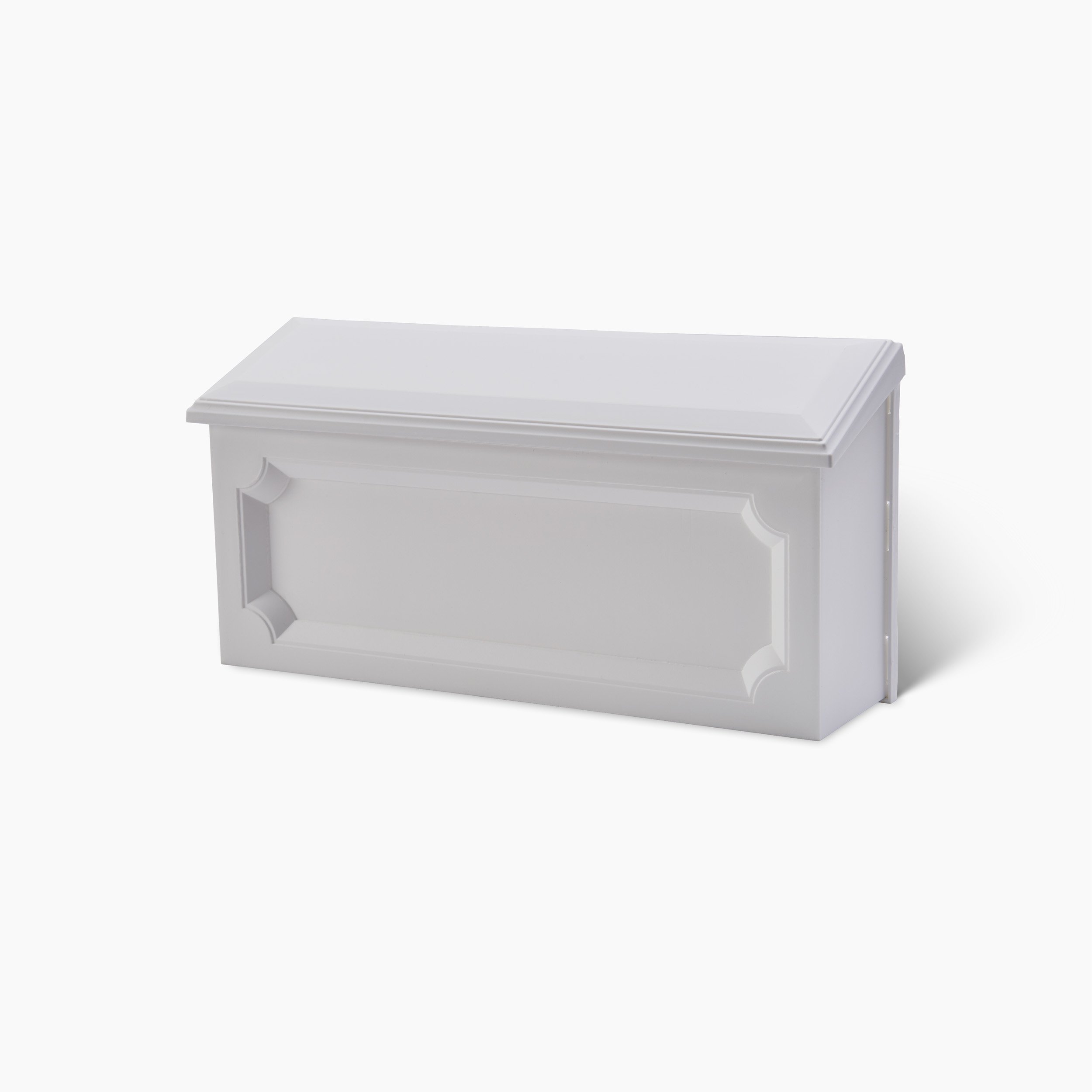 White rectangular coffin with decorative paneling, shown against a light background