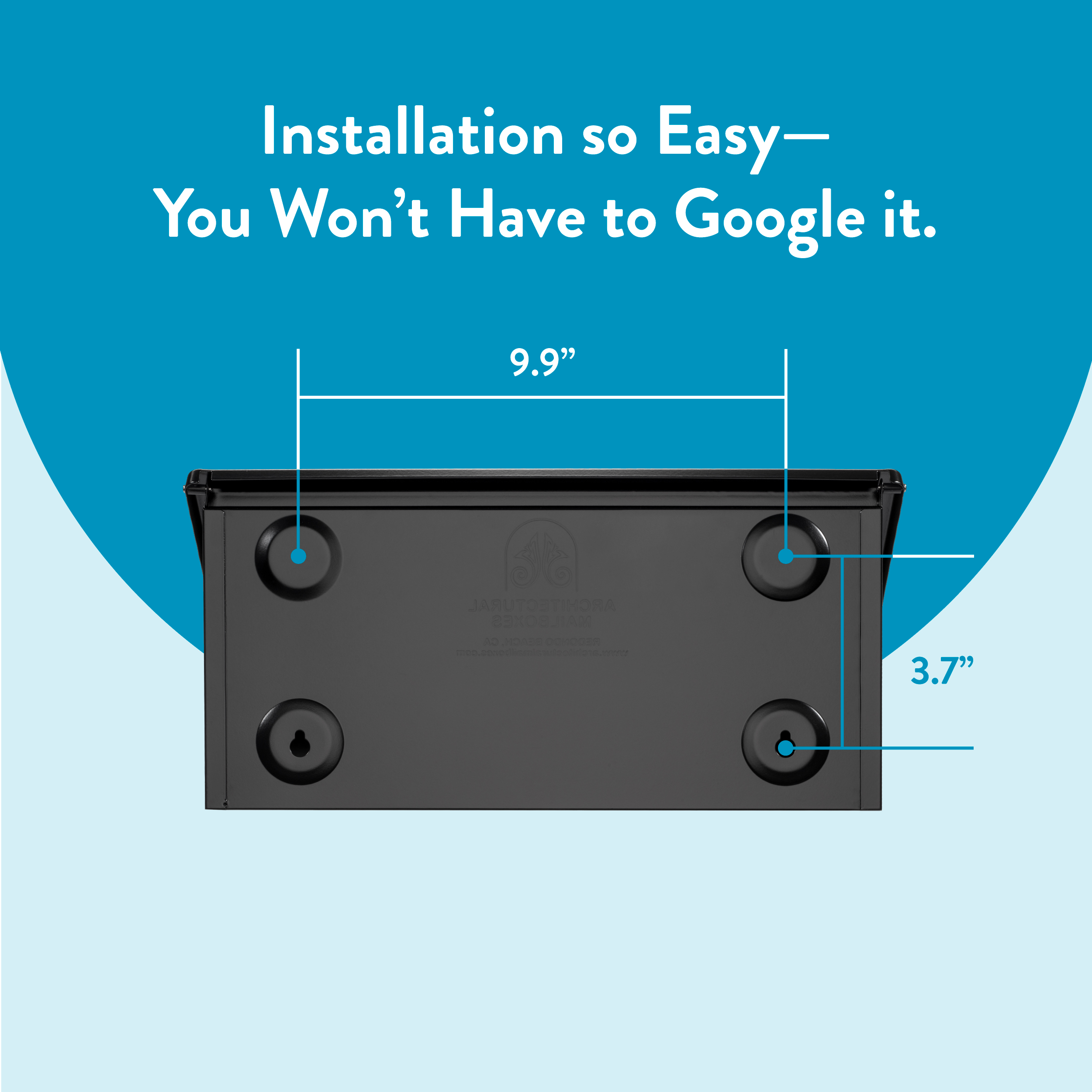 Infographic showing a black rectangular device with four feet; width 9.9 inches and height 3.7 inches, with the text 'Installation so Easy— You Won’t Have to Google it.'
