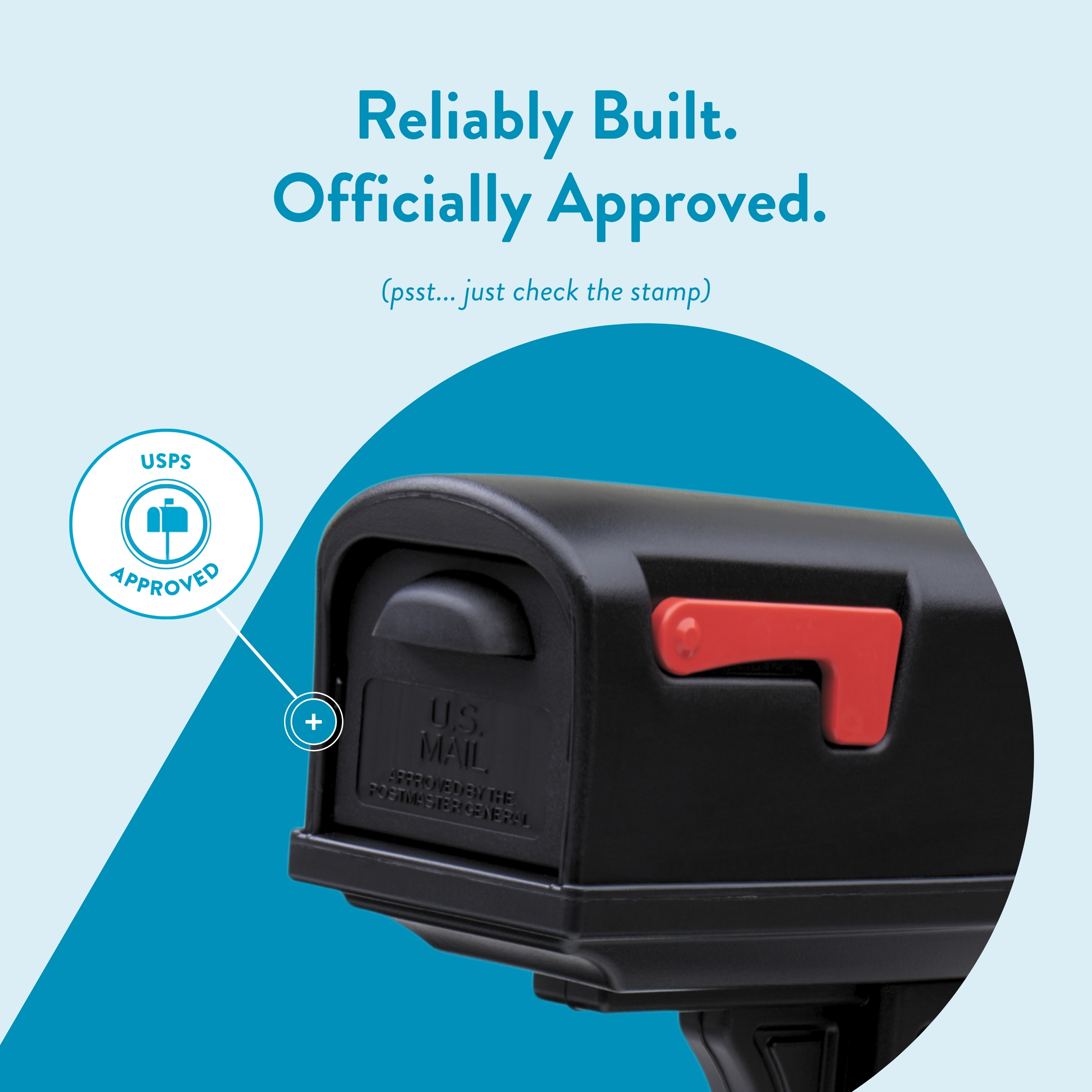 Promotional image showing a USPS-approved device with a blue circular 'USPS Approved' stamp and the headline 'Reliably Built. Officially Approved.' on a light blue background.