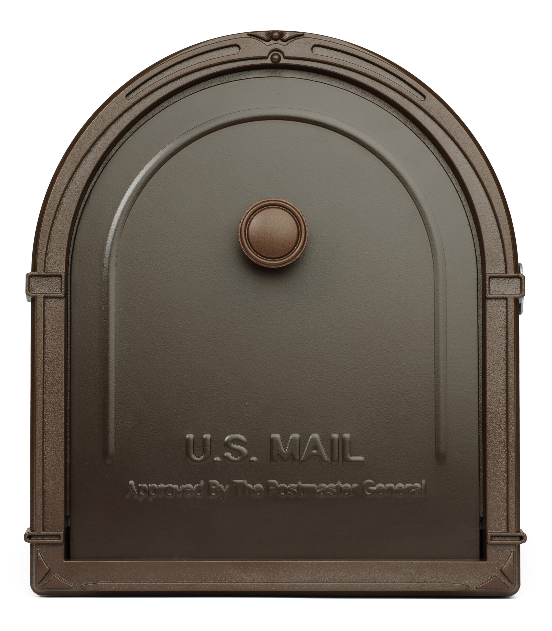 Brown metal curbside mailbox with a rounded top and the words 'U.S. MAIL' embossed on the front, front-facing view.