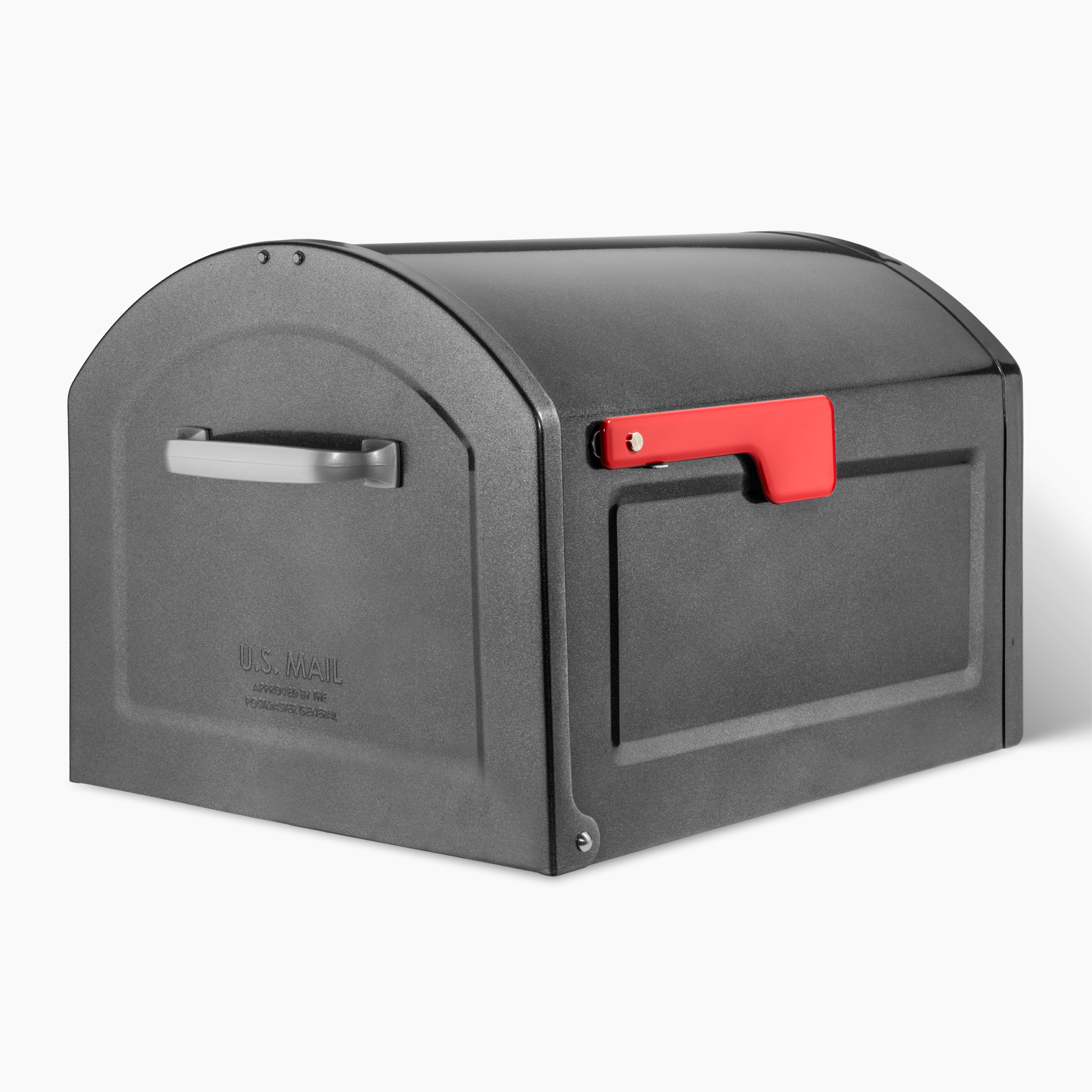 Gray curbside mailbox with a raised red flag on the right and a white handle on the left front panel.",