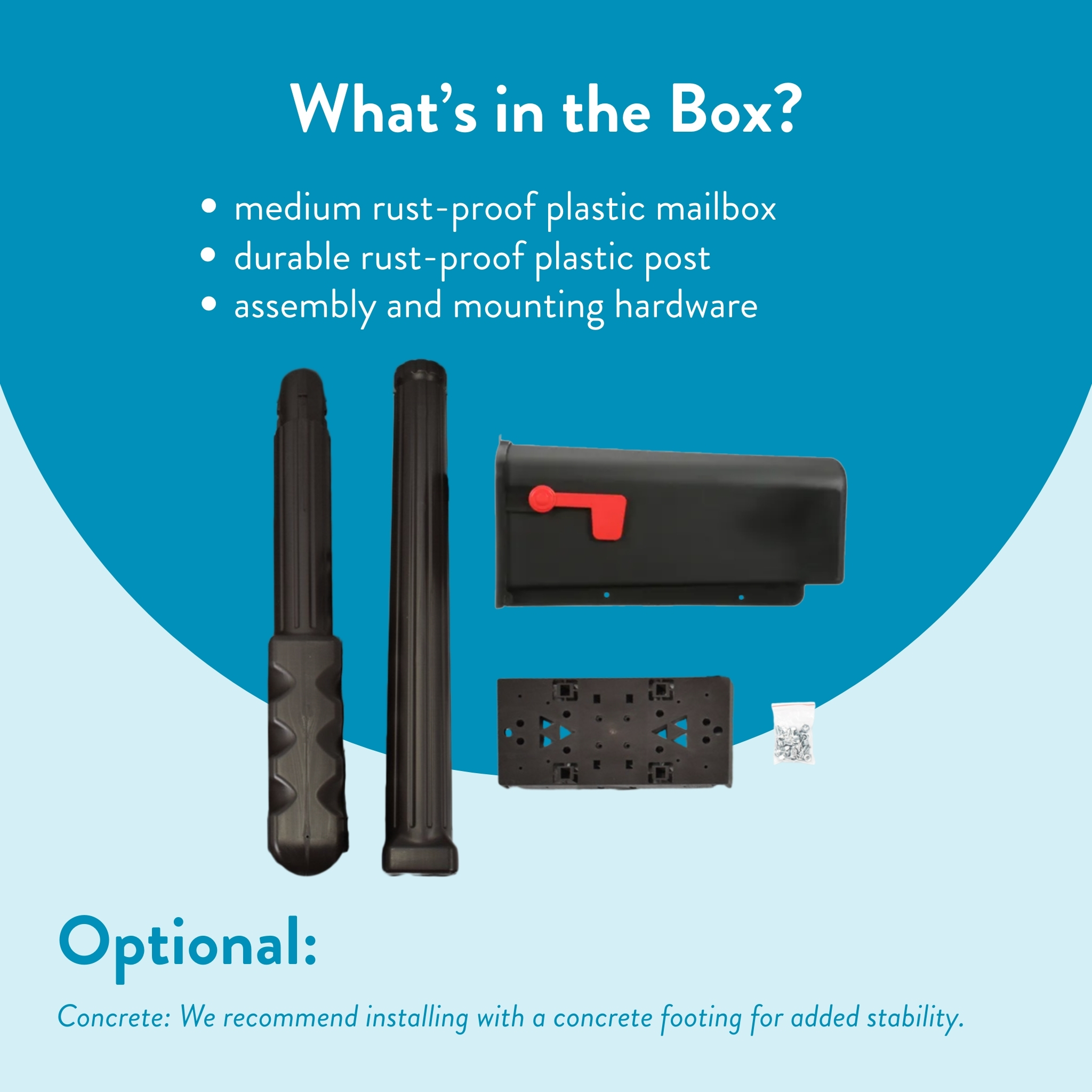 Contents of the box for a mailbox kit: two rust-proof plastic posts, a black mailbox with red flag, mounting plate, hardware, and a small bag of screws.