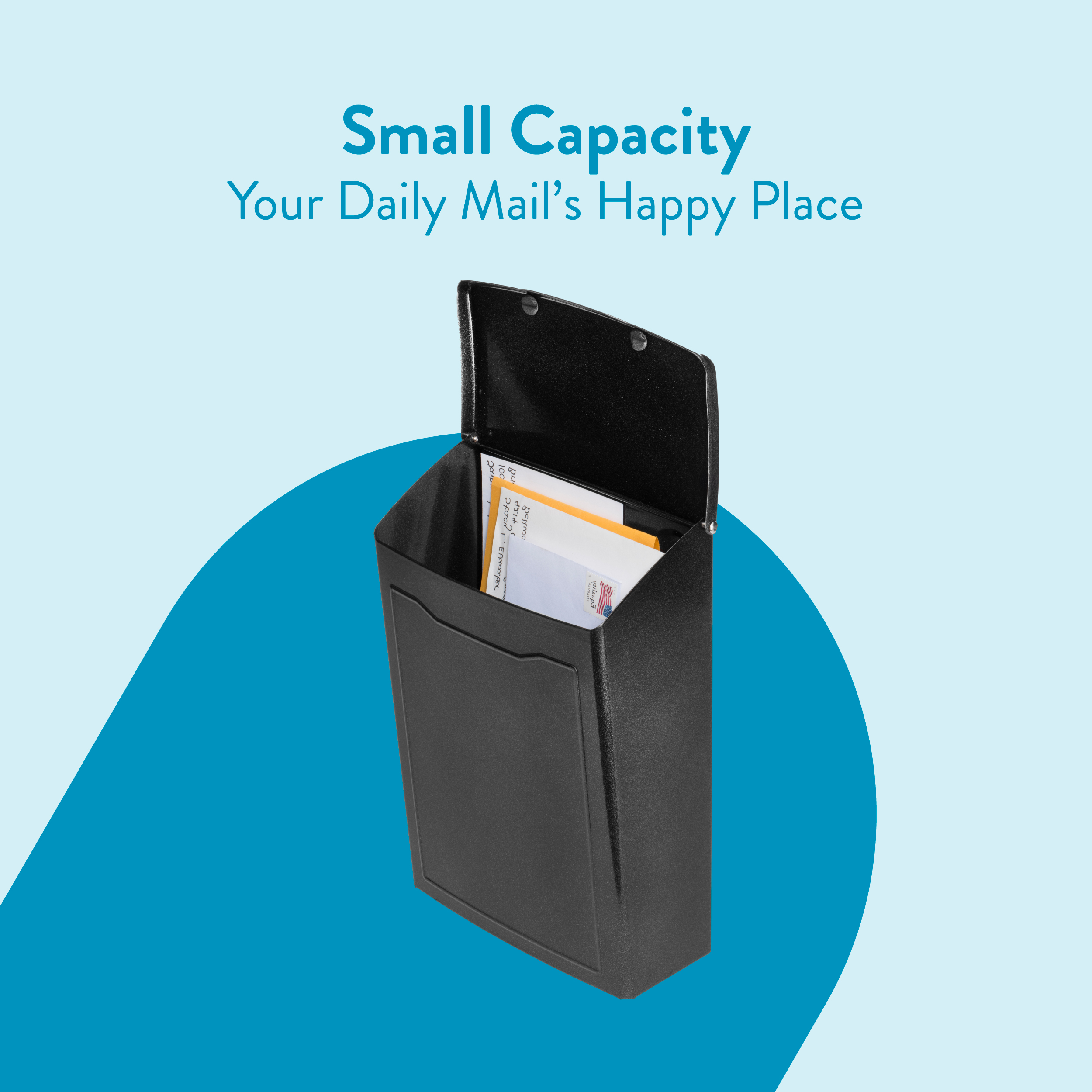 Black mail sorter with open lid showing envelopes; background light blue with a dark blue curved shape; caption suggests 'Small Capacity' mail organizer.