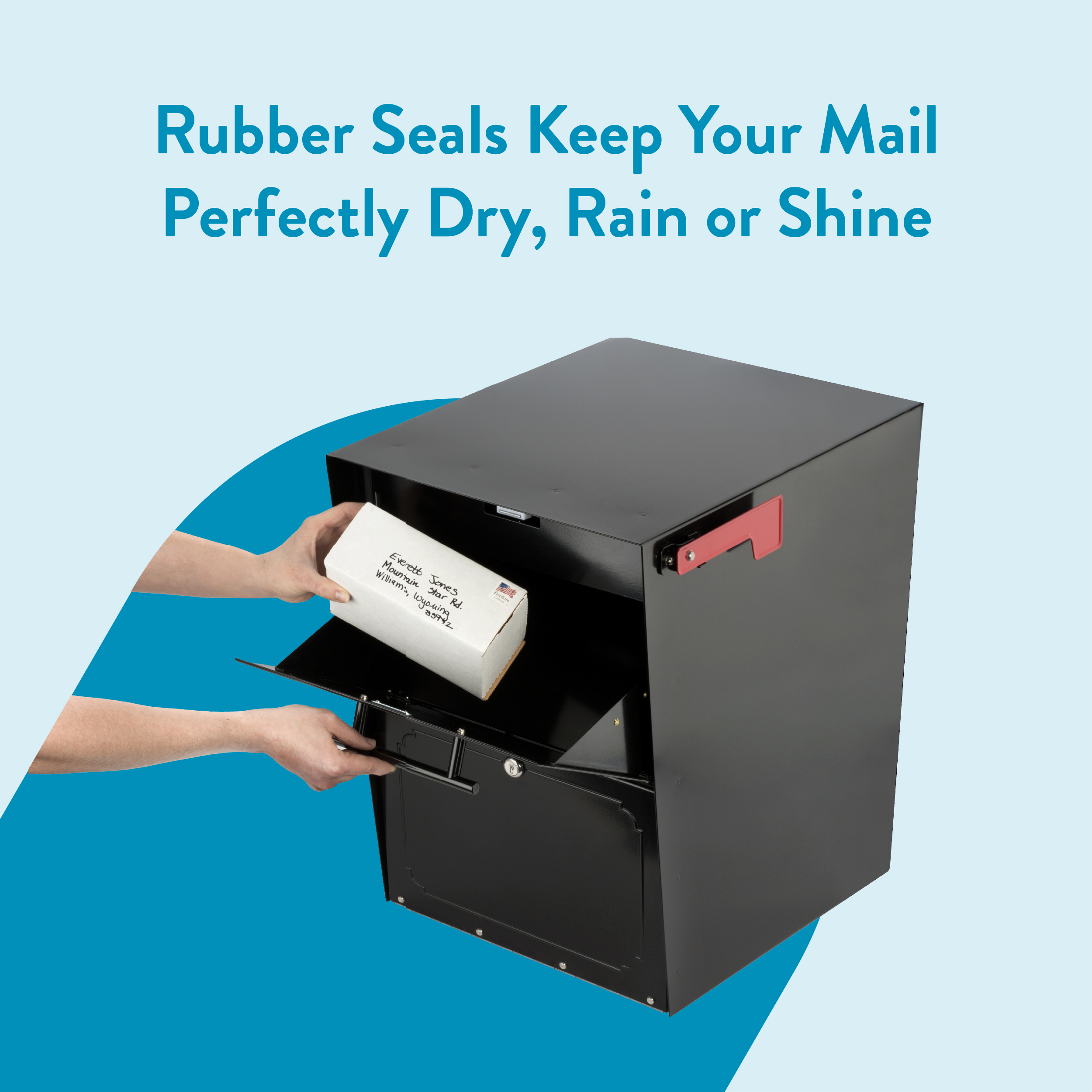 A person places a white parcel into a black metal mailbox with a red side flag.