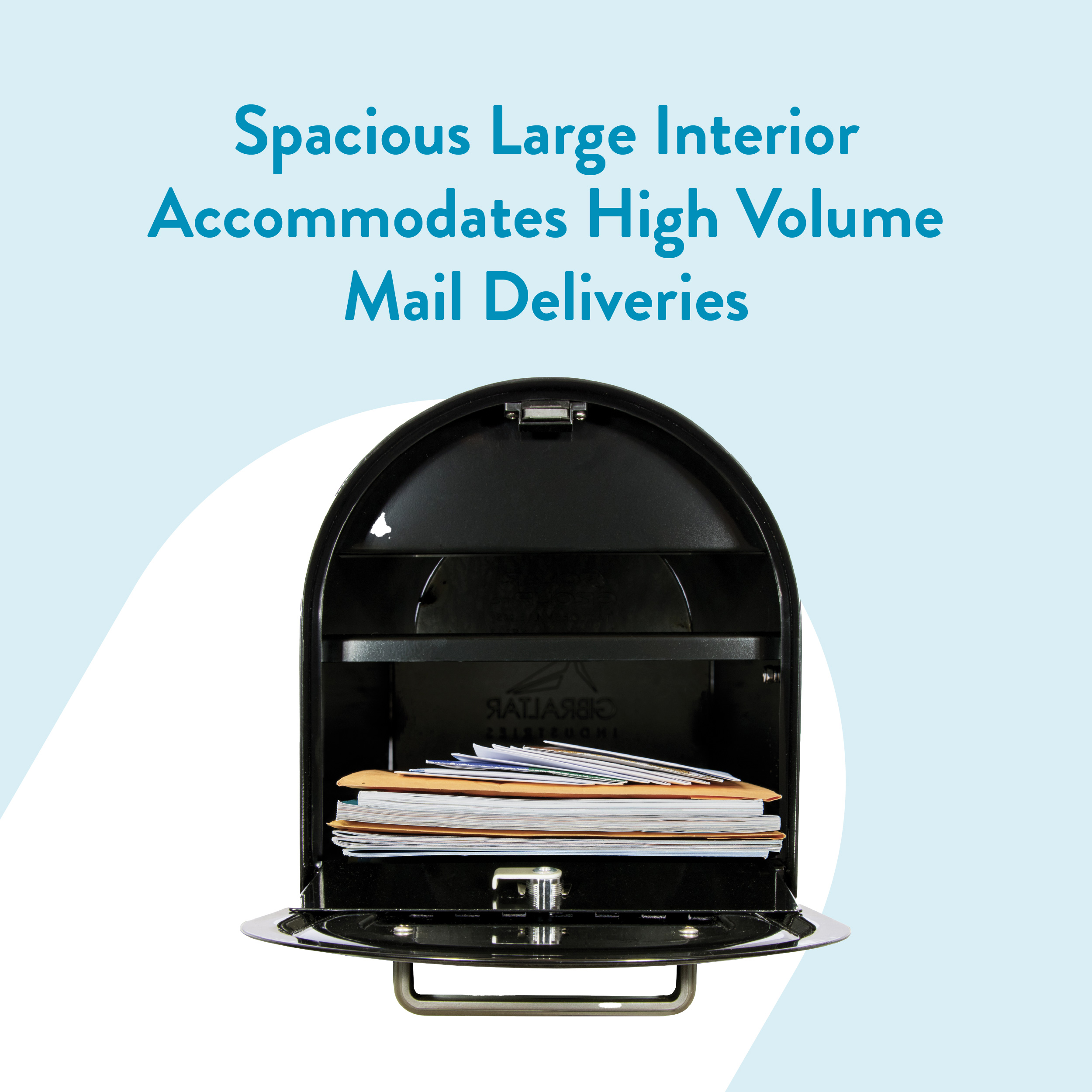 Open black mailbox filled with stacked envelopes against a light blue background.
