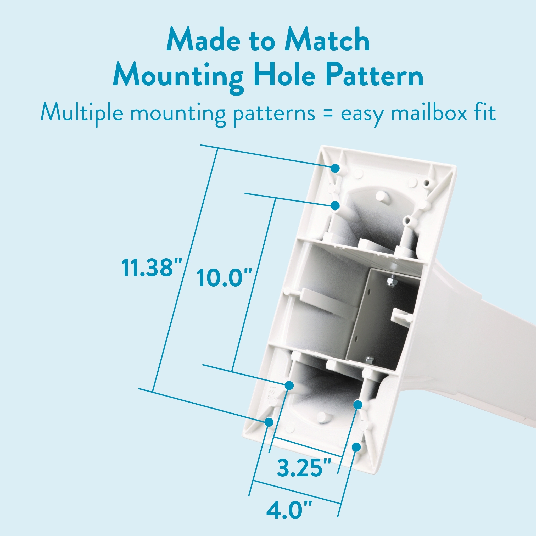 Instructional graphic showing mailbox mounting hole pattern and dimensions for attaching a mailbox bracket to a wall (11.38", 10.0", 3.25", 4.0").