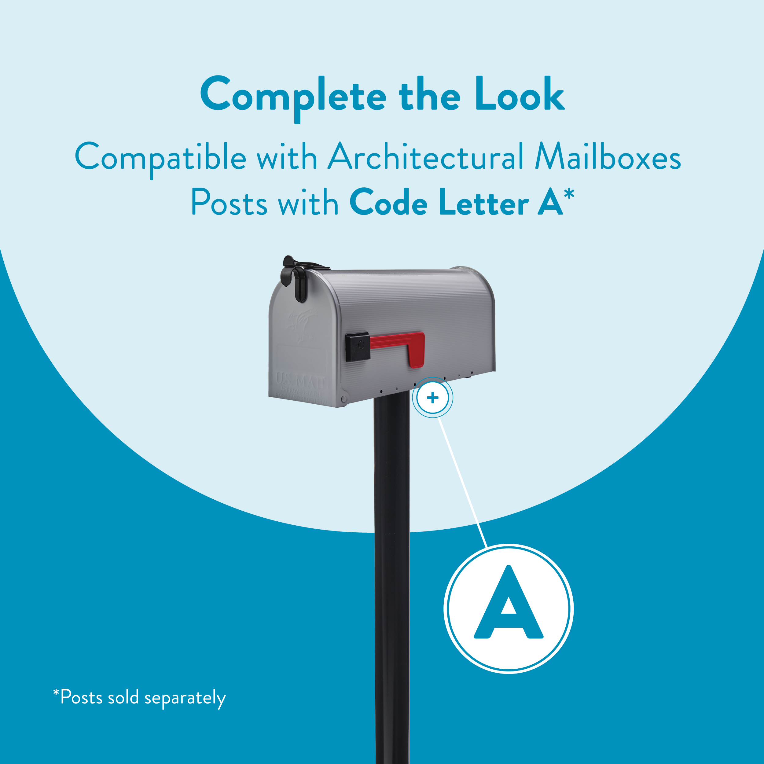 Gray mailbox on a black post against a blue backdrop, with a circular 'A' code tag for Architectural Mailboxes (Code Letter A).