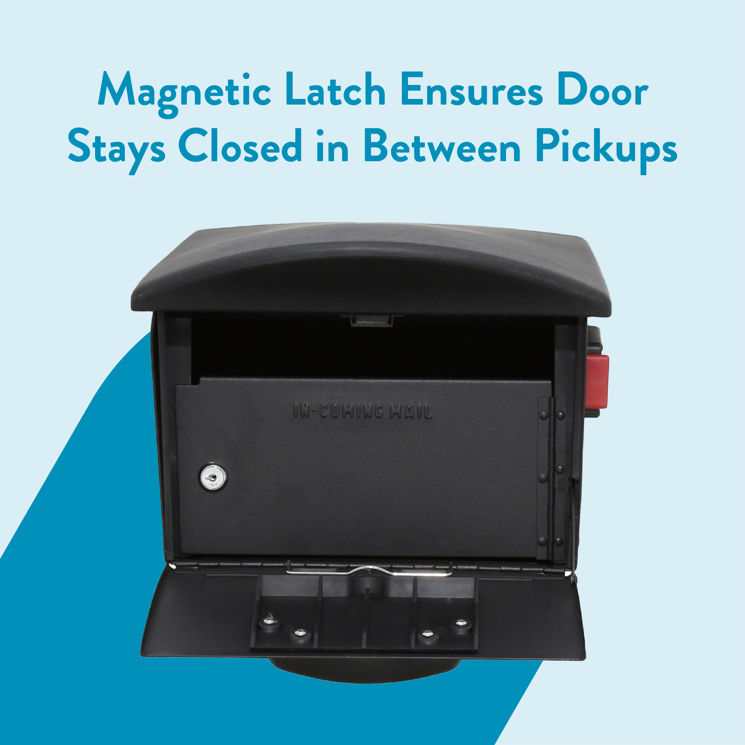 Mailbox with a magnetic latch; includes text: 'Magnetic Latch Ensures Door Stays Closed in Between Pickups.'