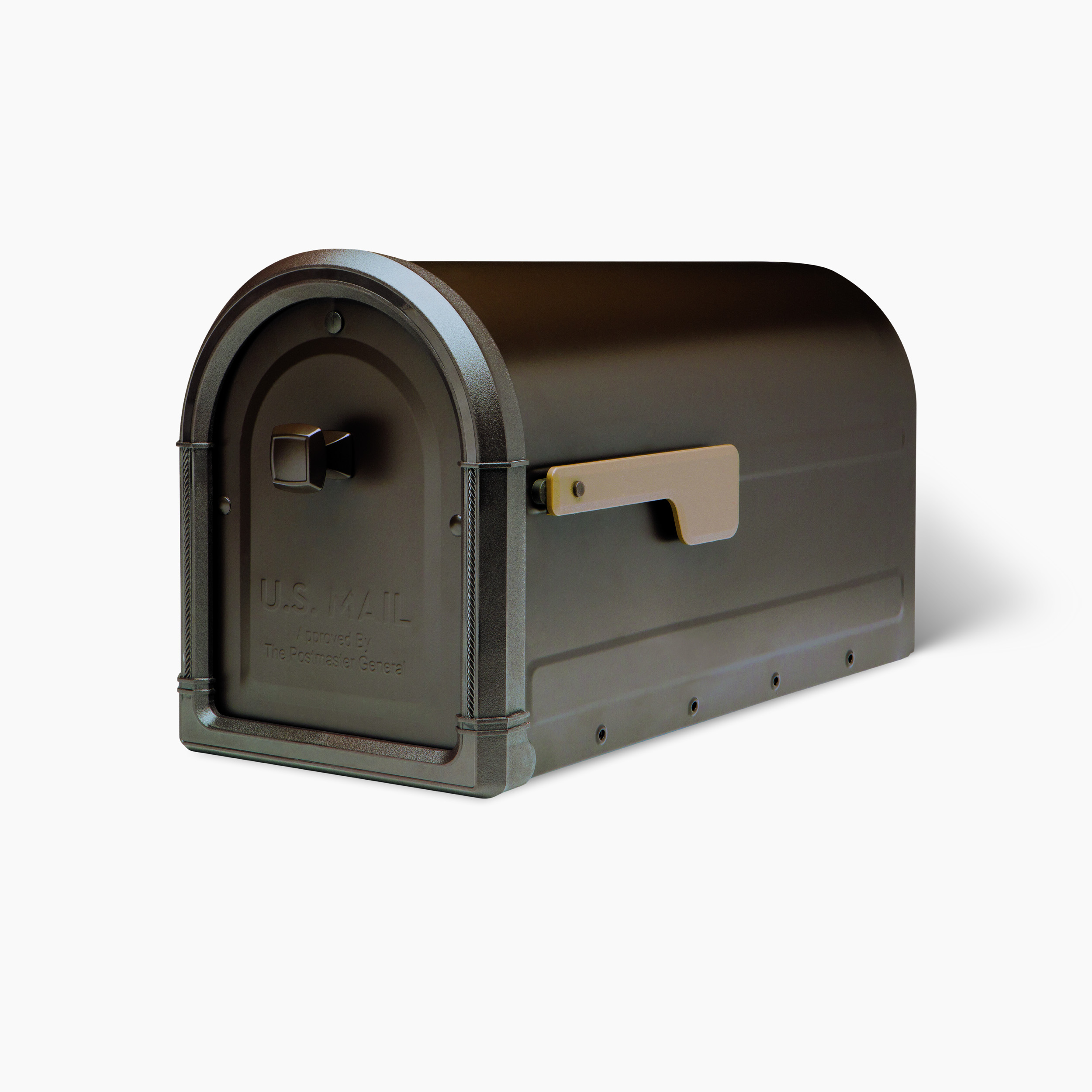 Dark metal curved-top mailbox with a side beige flag, viewed at an angle on a light background.