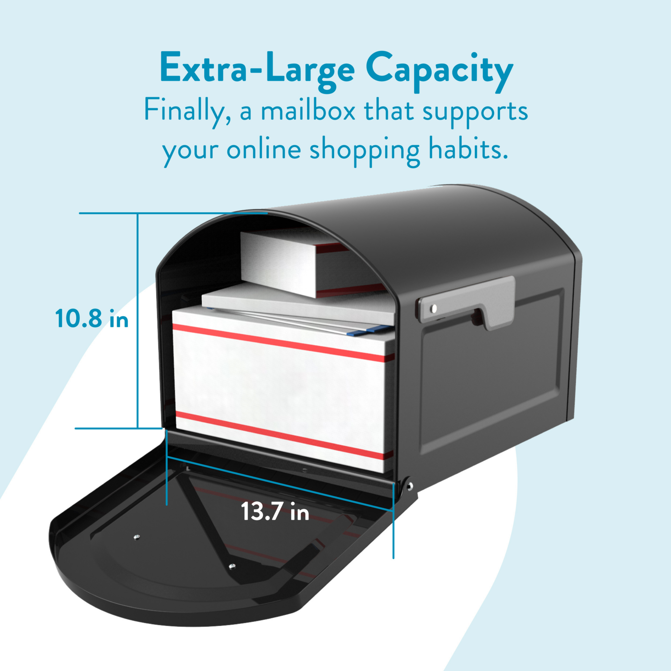 Open, black mailbox showing extra-large capacity with stacked mail and parcels; dimensions 10.8 in tall by 13.7 in deep, for online shopping.