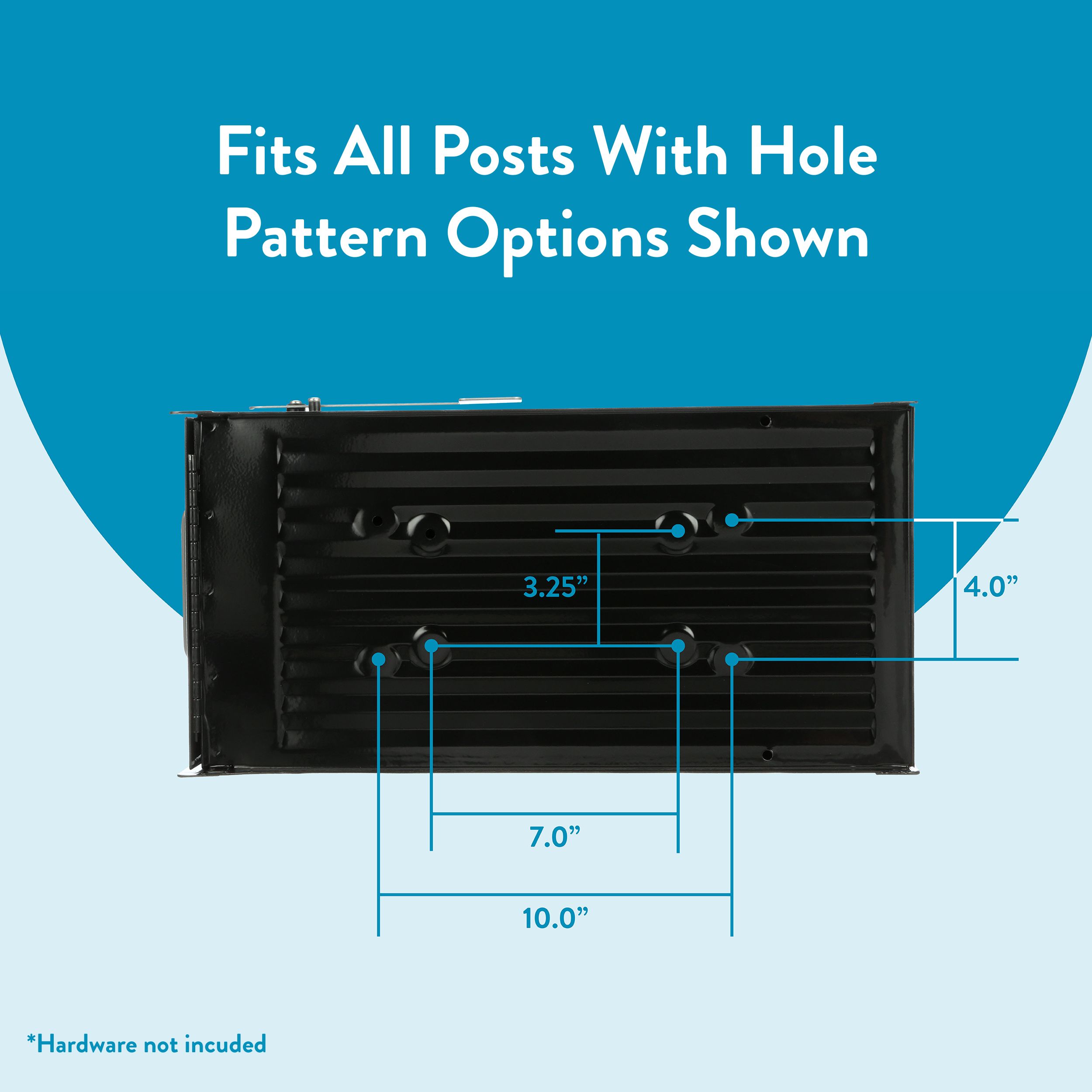 Illustration of a post-mount bracket with hole pattern options and blue measurement lines labeled 10", 7", 3.25" and 4.0"