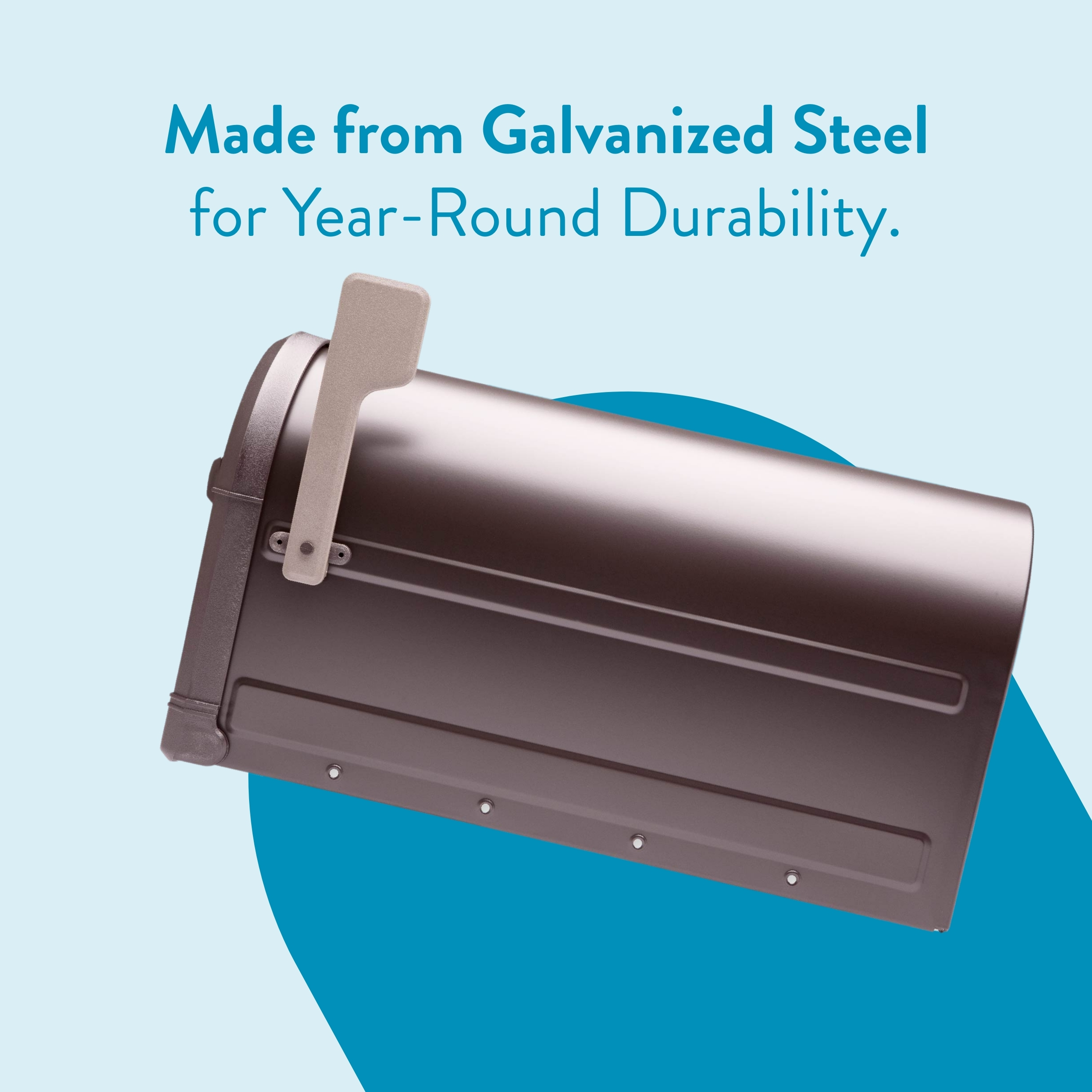Marketing graphic showing the headline 'Made from Galvanized Steel for Year-Round Durability' above a galvanized steel mailbox on a light blue background with a blue arc.