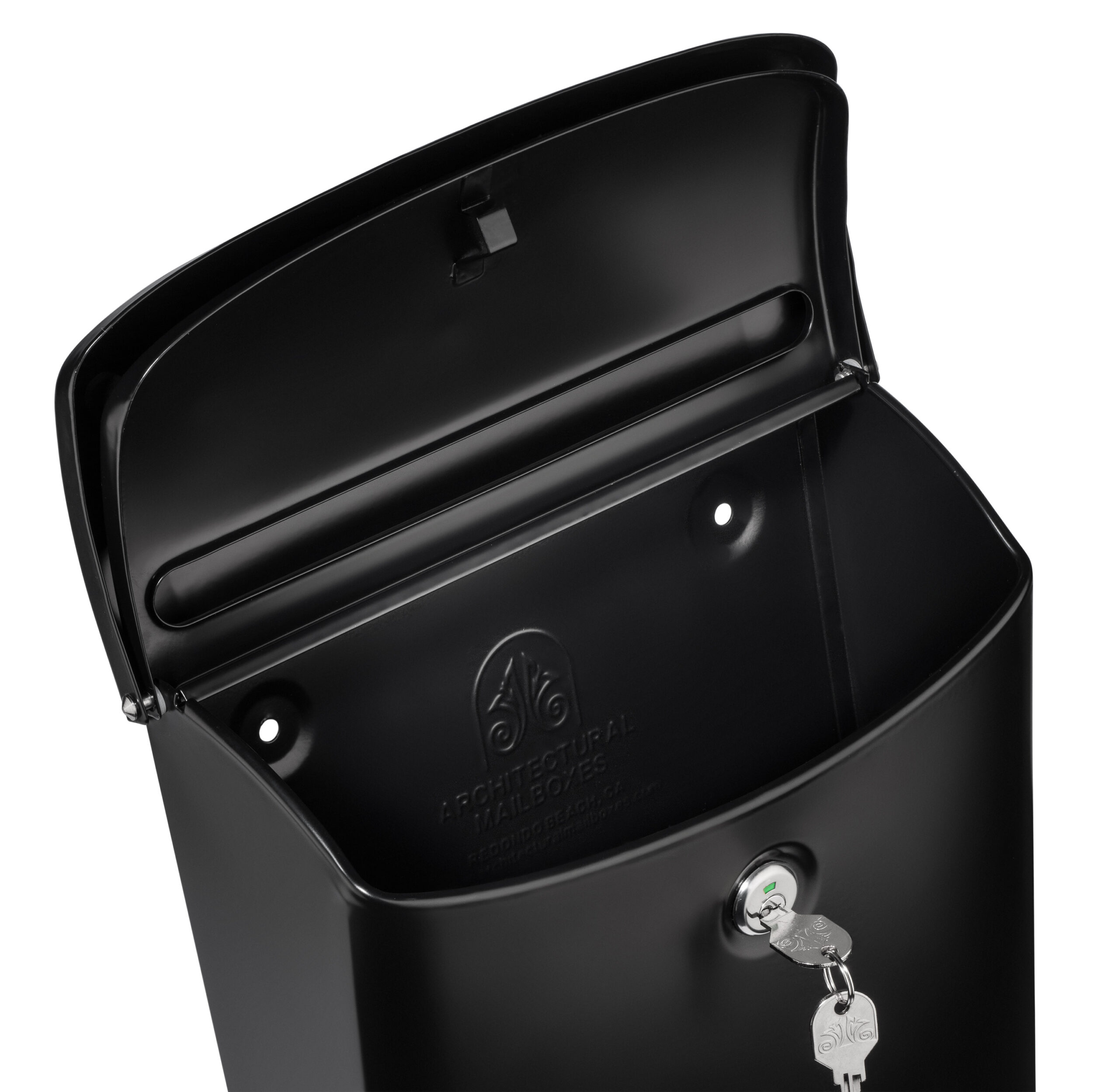 Black metal mailbox with its lid propped open, showing an interior and a key in the lock with two keys on a ring.