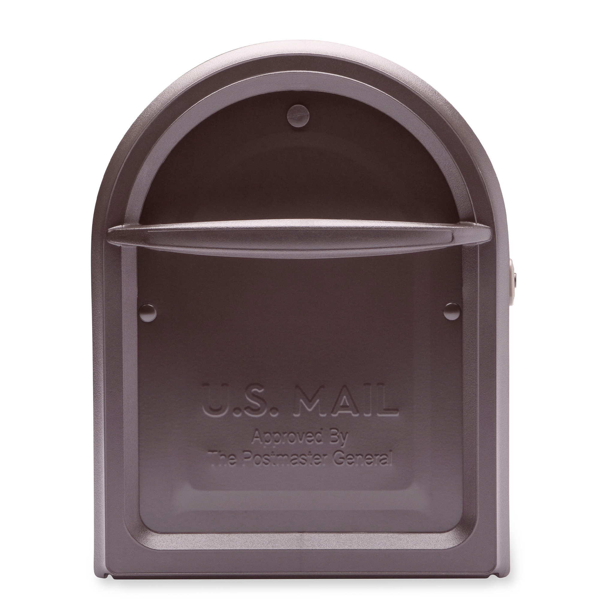 Curved-top USPS metal mailbox with a mail slot and embossed 'U.S. MAIL' on the front.