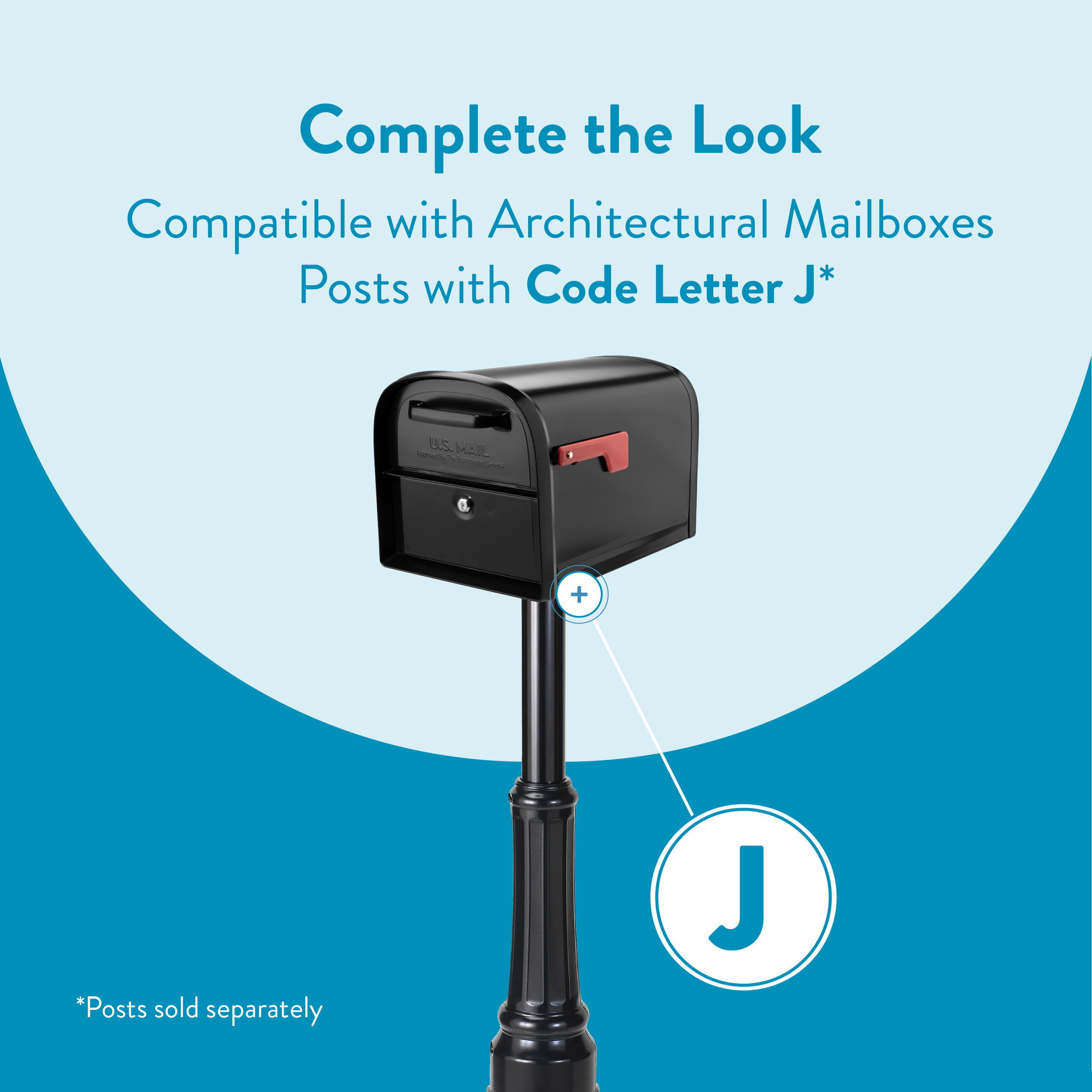 Promotional graphic featuring a black mailbox on a post with a blue curved background and a 'J' code letter badge, advertising compatibility with Letter J posts.