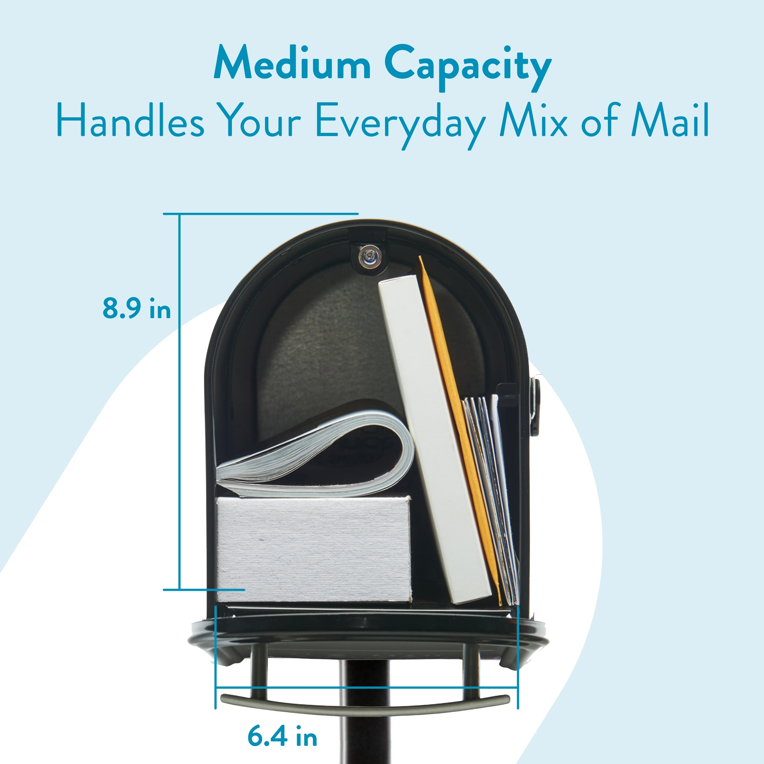 Promotional diagram of a mailbox filled with mail, showing 8.9 in height and 6.4 in width.