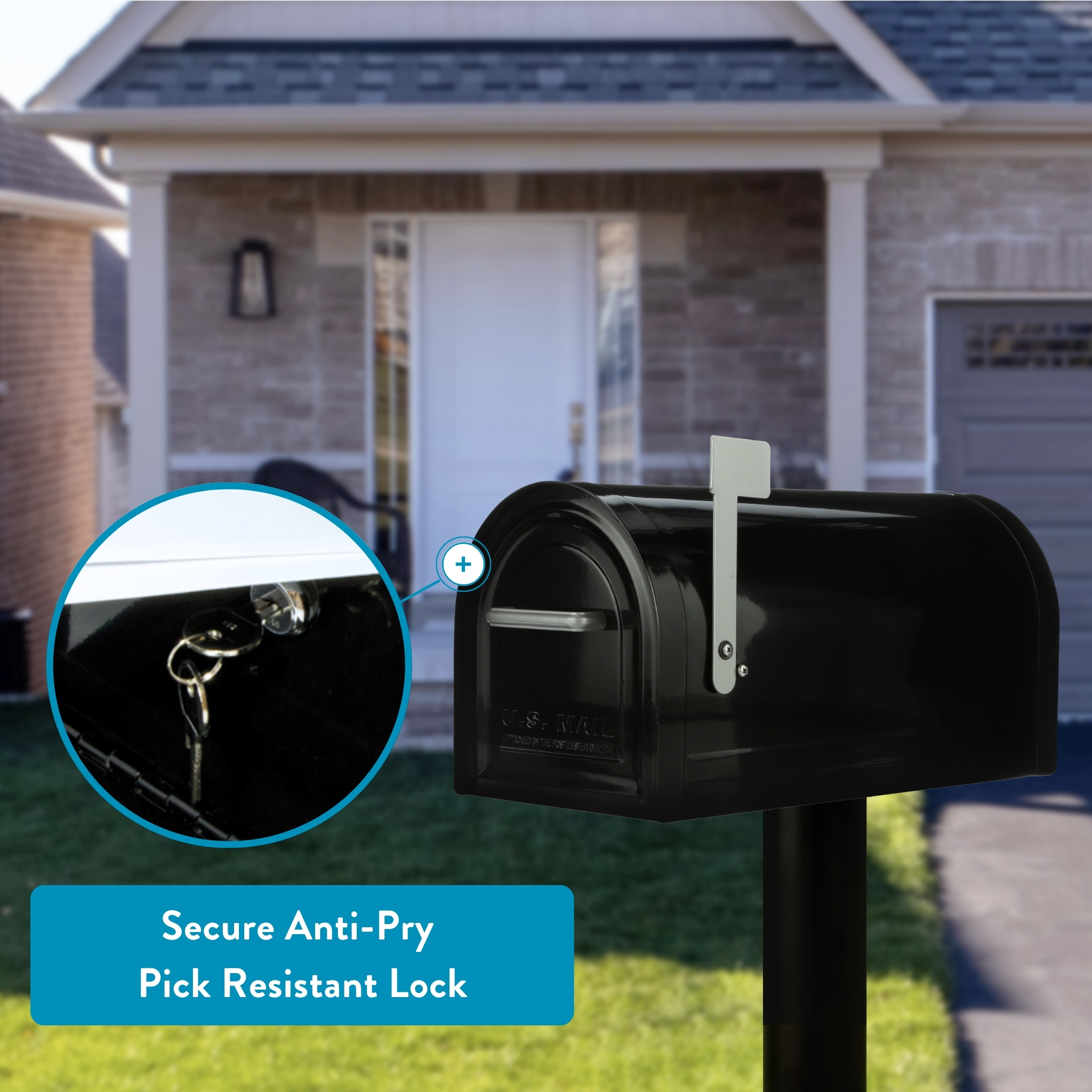 Black curbside mailbox with a reinforced lock; includes a close-up of the key mechanism and the caption “Secure Anti-Pry Pick Resistant Lock.”