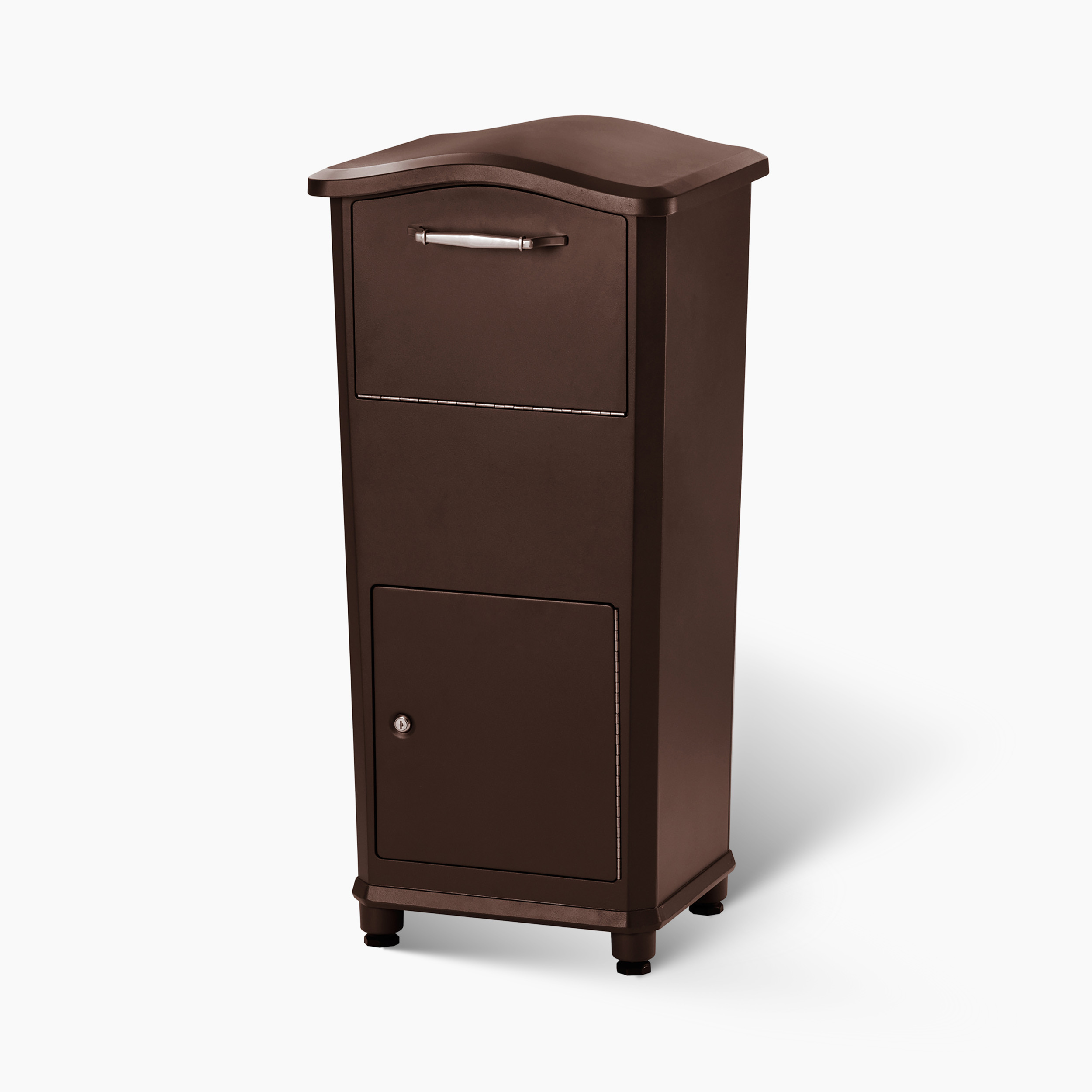 Brown freestanding storage cabinet with curved top, small upper drawer, and lower locked compartment on feet.
