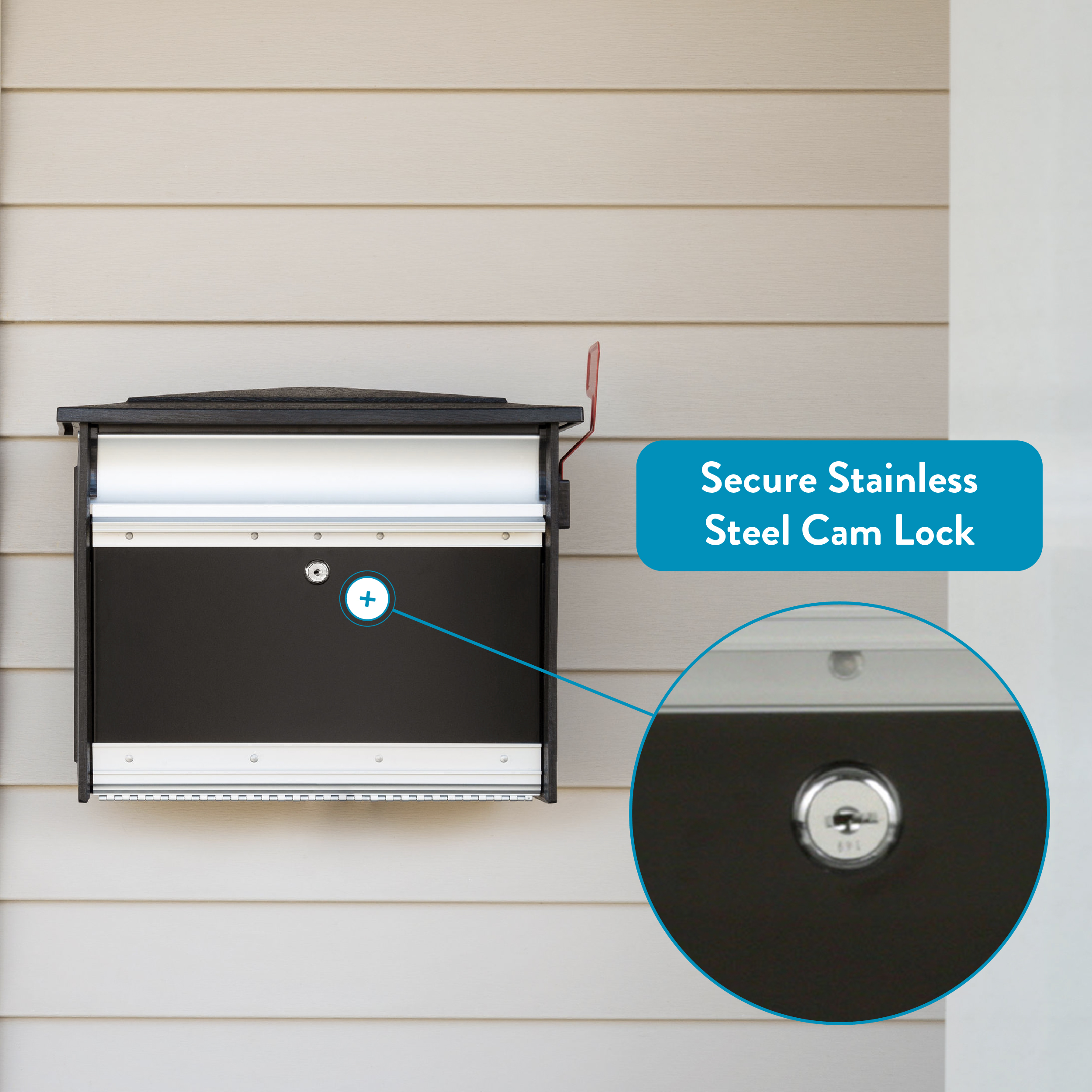 Wall-mounted stainless steel mailbox with raised outgoing mail flag and a close-up of its secure cam lock on a beige siding wall, showing a keyhole area.