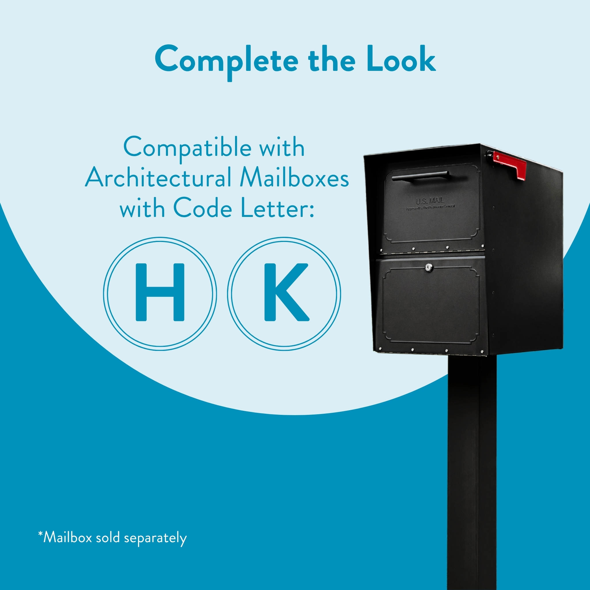 Graphic promoting 'Complete the Look'—compatible with Architectural Mailboxes code letters H and K; shows a mailbox on a post with HK in circular icons.