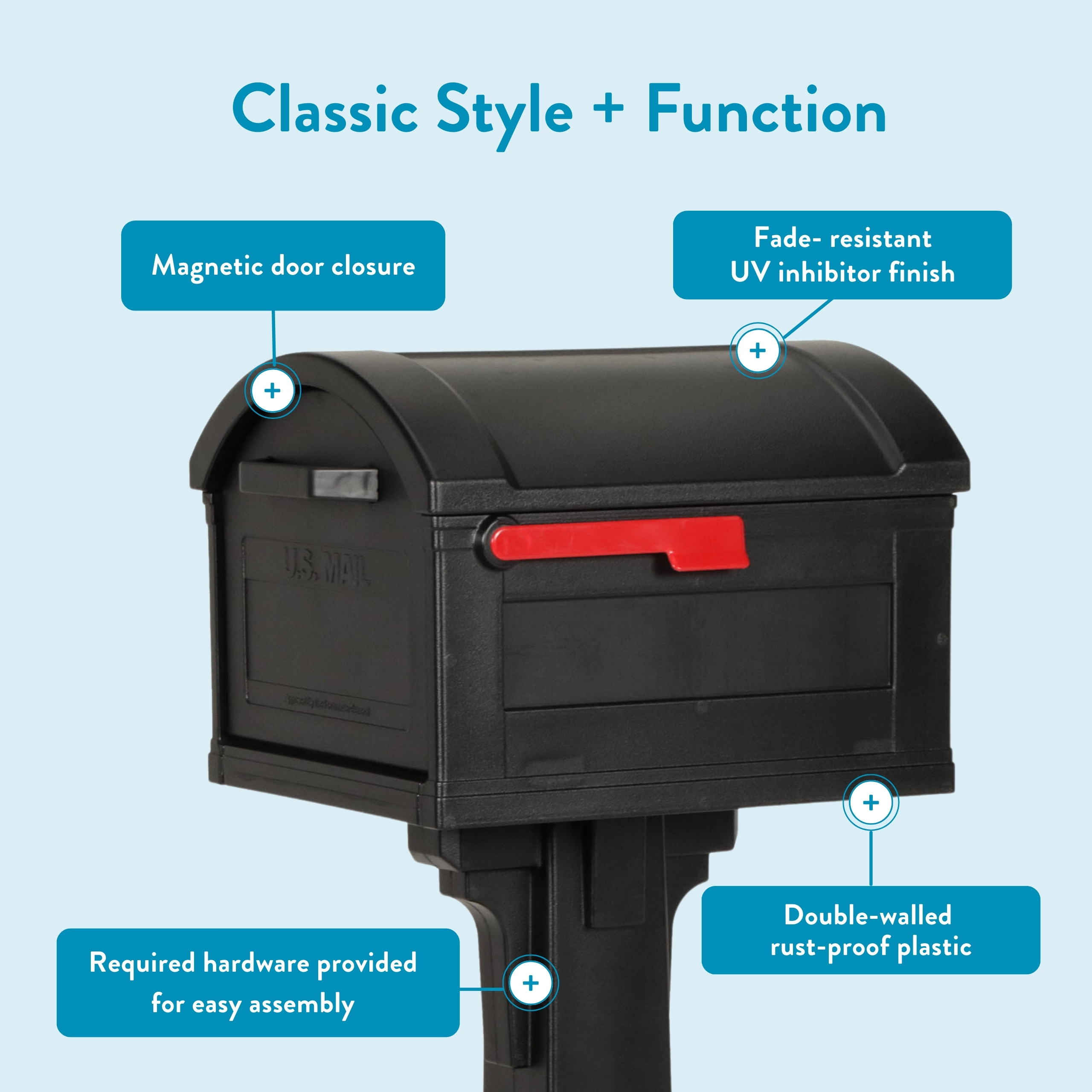 Outdoor mailbox with magnetic door closure, UV-resistant finish, and rust-proof double-walled plastic.